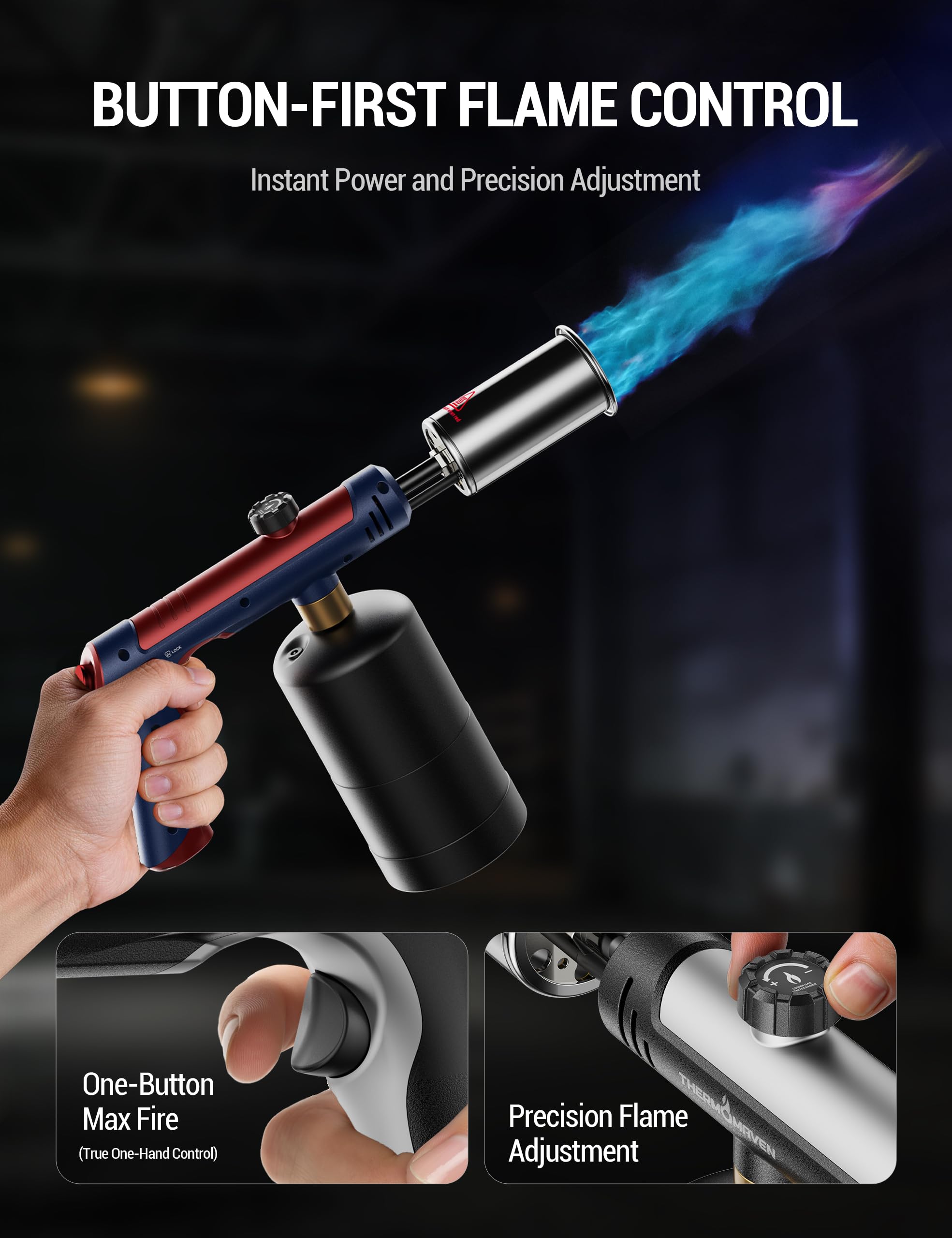 ThermoMaven Antorcha de propano con fuego máximo de un solo toque, pistola de soplete con bloqueo de seguridad, lanzallamas para encendedor de carbón, cabezal de antorcha de cocina para parrilla, Sous