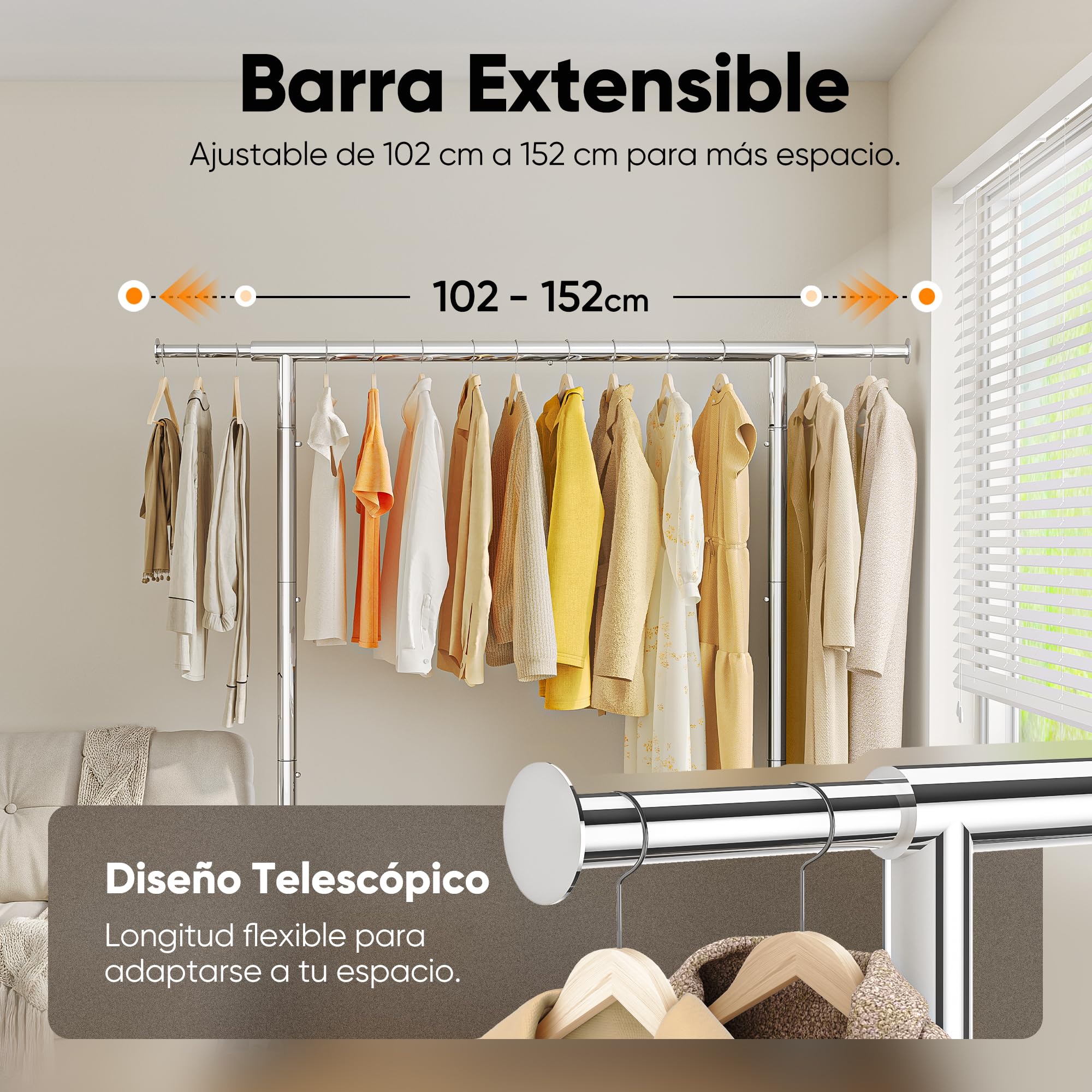 HOKEEPER Burro de Ropa Resistente 136kg, Barra Extensible con Ruedas Bloqueables y Estante, Ahorra Espacio para Dormitorio, Apartamento Pequeño, Lavandería, Plateado