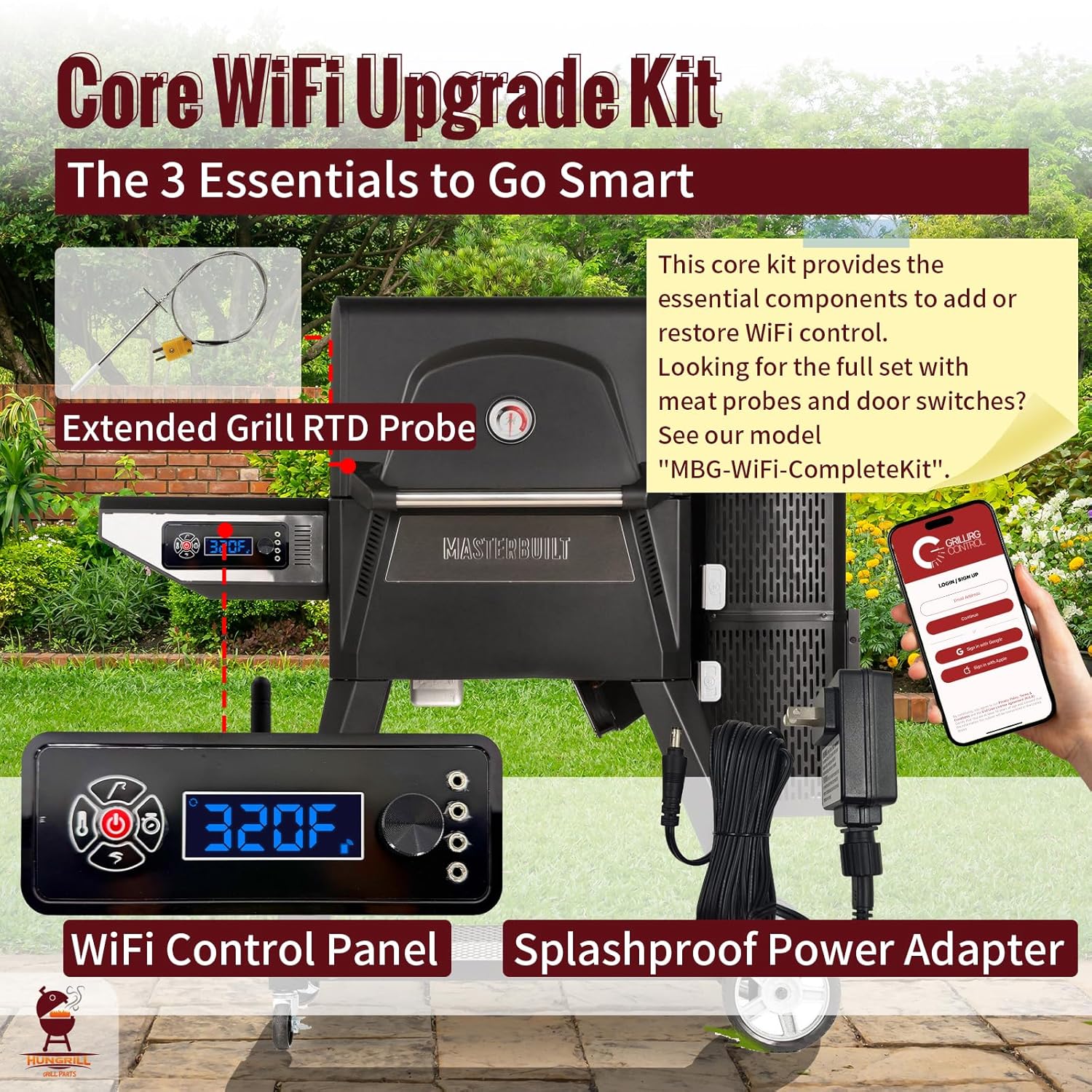 Smart WiFi Control Panel Replacement Kit for Masterbuilt Gravity Series 560/800/1050 Digital Charcoal Grill – Includes WiFi Controller, Extended Grill RTD Probe & 12V 1.5A Splashproof Power Adapter
