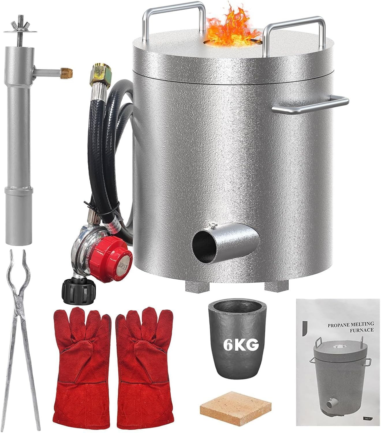 ACEKOOL 6KG Propane Melting Furnace Kit - 1300°c/2372°f Stainless Steel Smelter Forge with Crucible & Tongs, High-Efficiency Insulation for Gold, Silver, Copper, Aluminum Casting & Metal Recycling