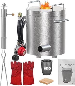 ACEKOOL 6KG Propane Melting Furnace Kit - 1300c/2372f Stainless Steel Smelter Forge with Crucible & Tongs, High-Efficiency Insulation for Gold, Silver, Copper, Aluminum Casting & Metal Recycling
