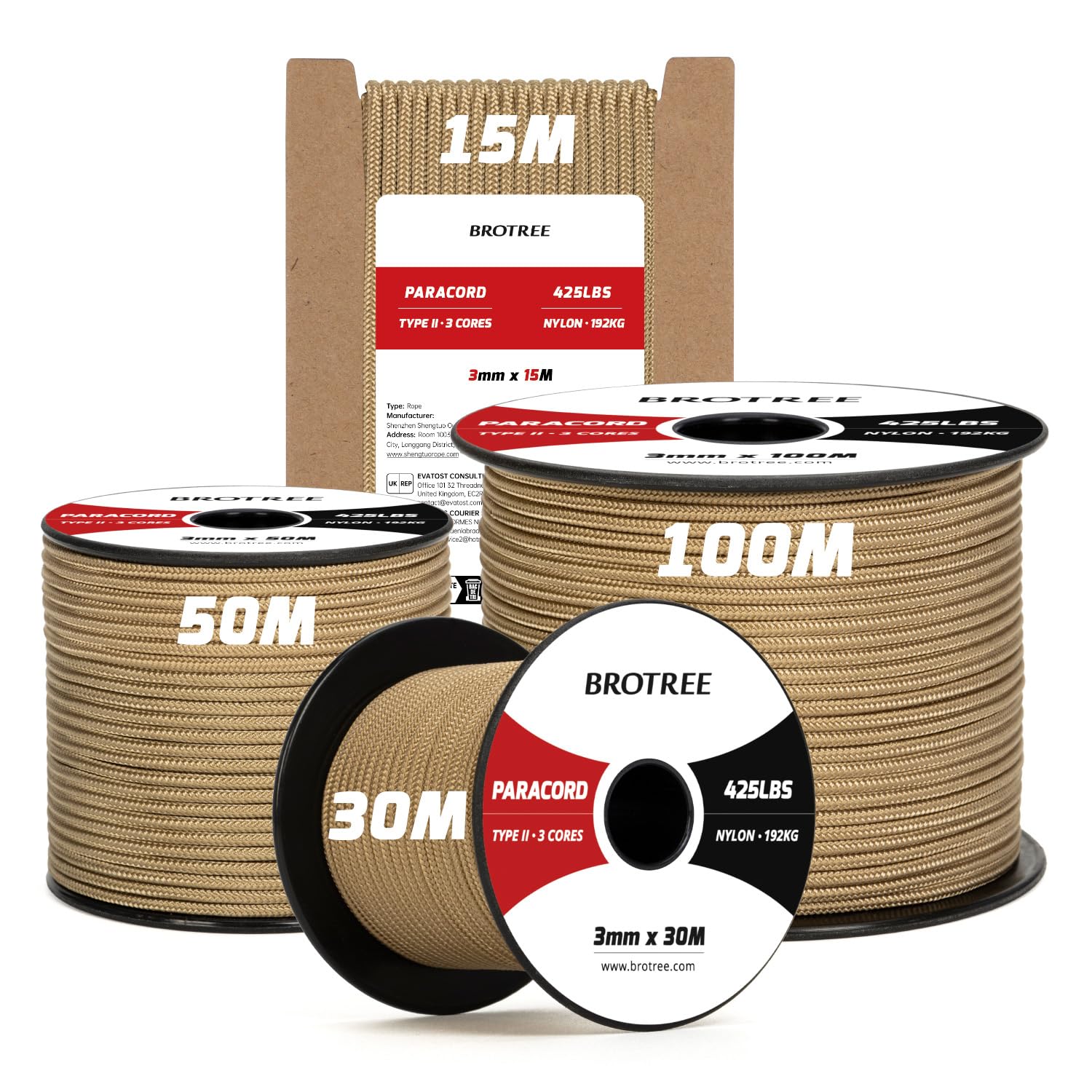 Brotree 3mm Paracord 425 100% Nylon 100M Rope 3 Strands Type II Parachute Cord for Outdoor, Craft, DIY - 192kg Breaking Load (Tan)