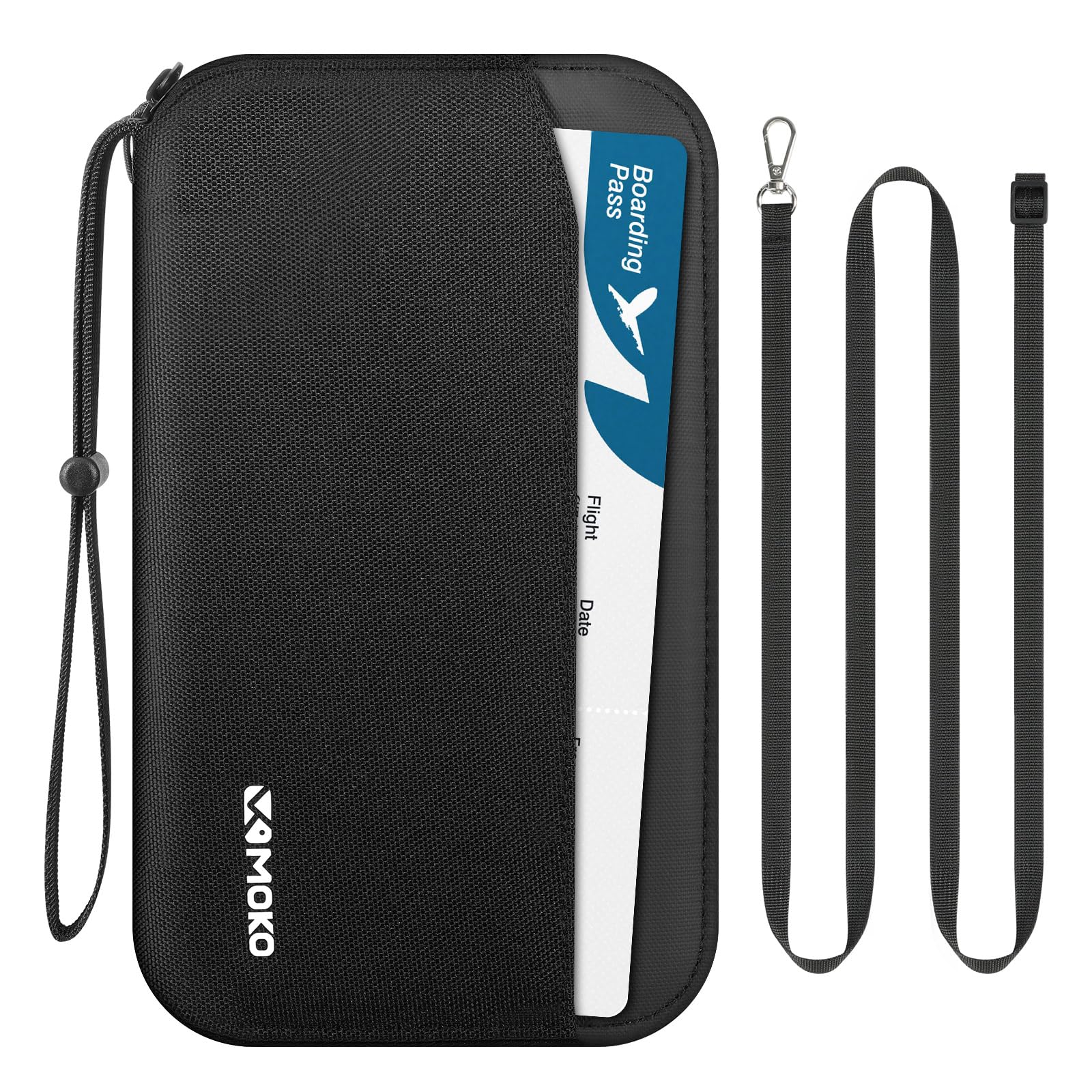 MoKo Family Passport Holder for 5 with Shoulder Strap & AirTag Holder, RFID Blocking Passport Travel Wallet Travel Document Organizer for Plane