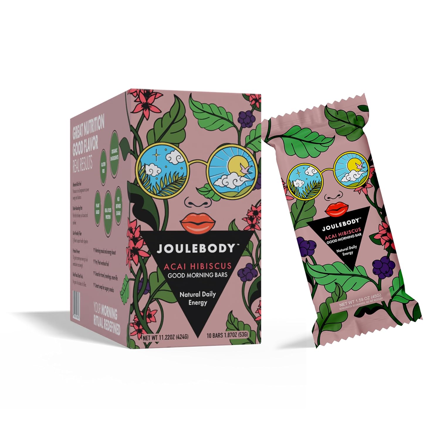 JOULEBODY Acai Hibiscus Meal Replacement Bars Protein - Good Morning Organic Superfood Bar, Plant Based, Gluten Free, No Refined Sugar, Vegan Sports Nutrition Bars, 10 Count (Acai Hibiscus)