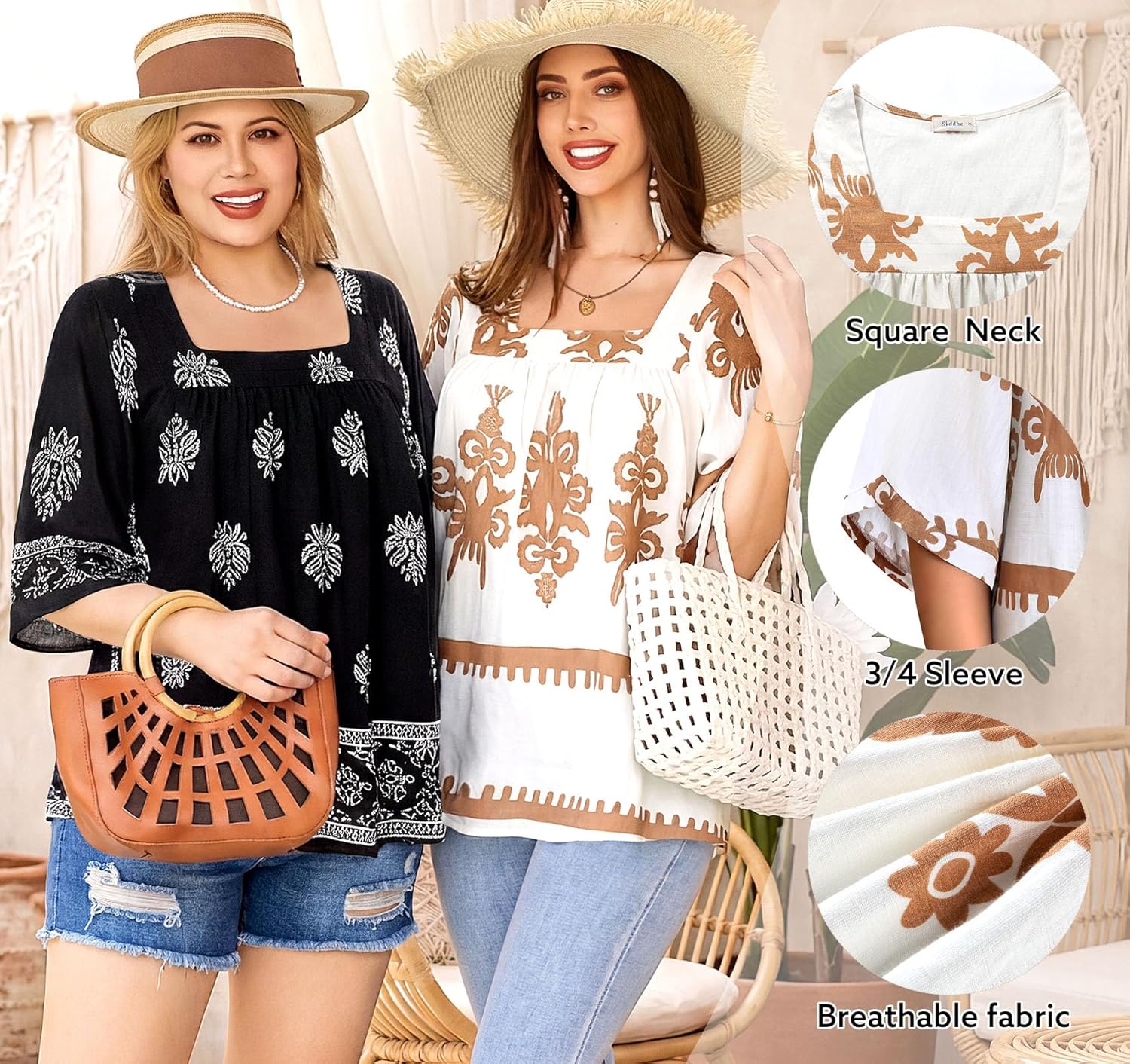 Siddhe Plus Size Boho Tops 3/4 Sleeve Square Neck Chiffon Babydoll Blouses Spring Dressy Casual 2026 Tunic Shirts (XL-5XL) - Image 5