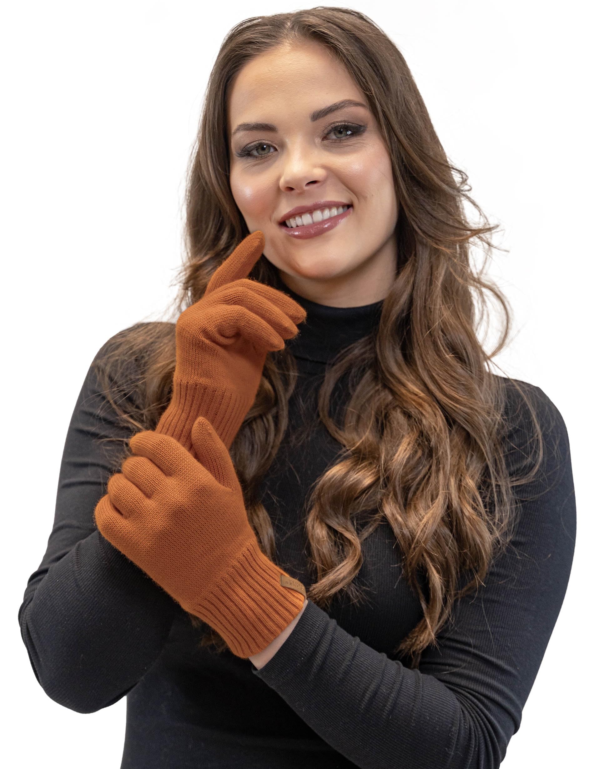 Vivisence Stylish Classic Five-Finger Women's Winter Gloves Made Of Warm And Soft Yarn With Wide Ribbed Cuff Perfect For Cold Winter Days Providing Comfort And Warmth, Orange,UNI