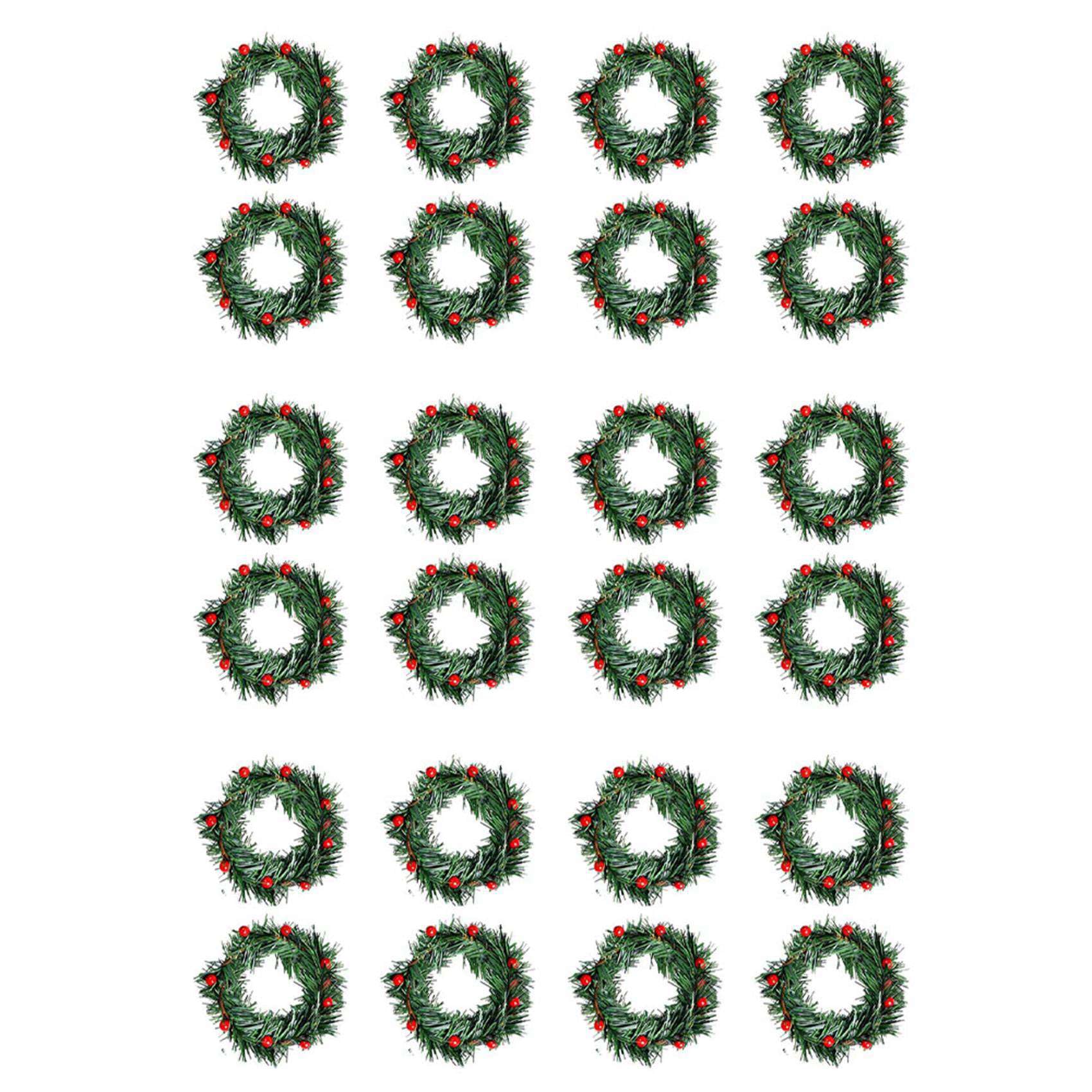 Vjsujehgy 24 PCS Holly Berry Candle Ring Small Artificial Red Berries Pine Needles Wreath for Christmas Garland Ornaments Decor
