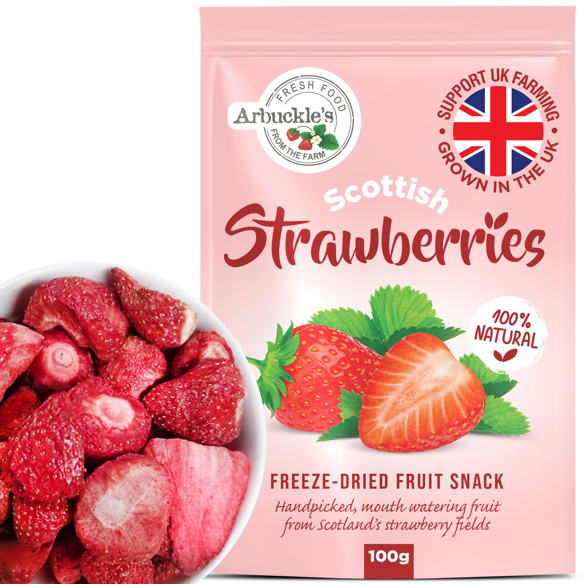 100g Arbuckle's Freeze Dried Strawberry Direct from UK Farm Shop Whole Fruit Snack Nutritious and Healthy Strawberries, Natural, for Baking, Breakfast Cereal Topper, Yogurt, Cake Decorations