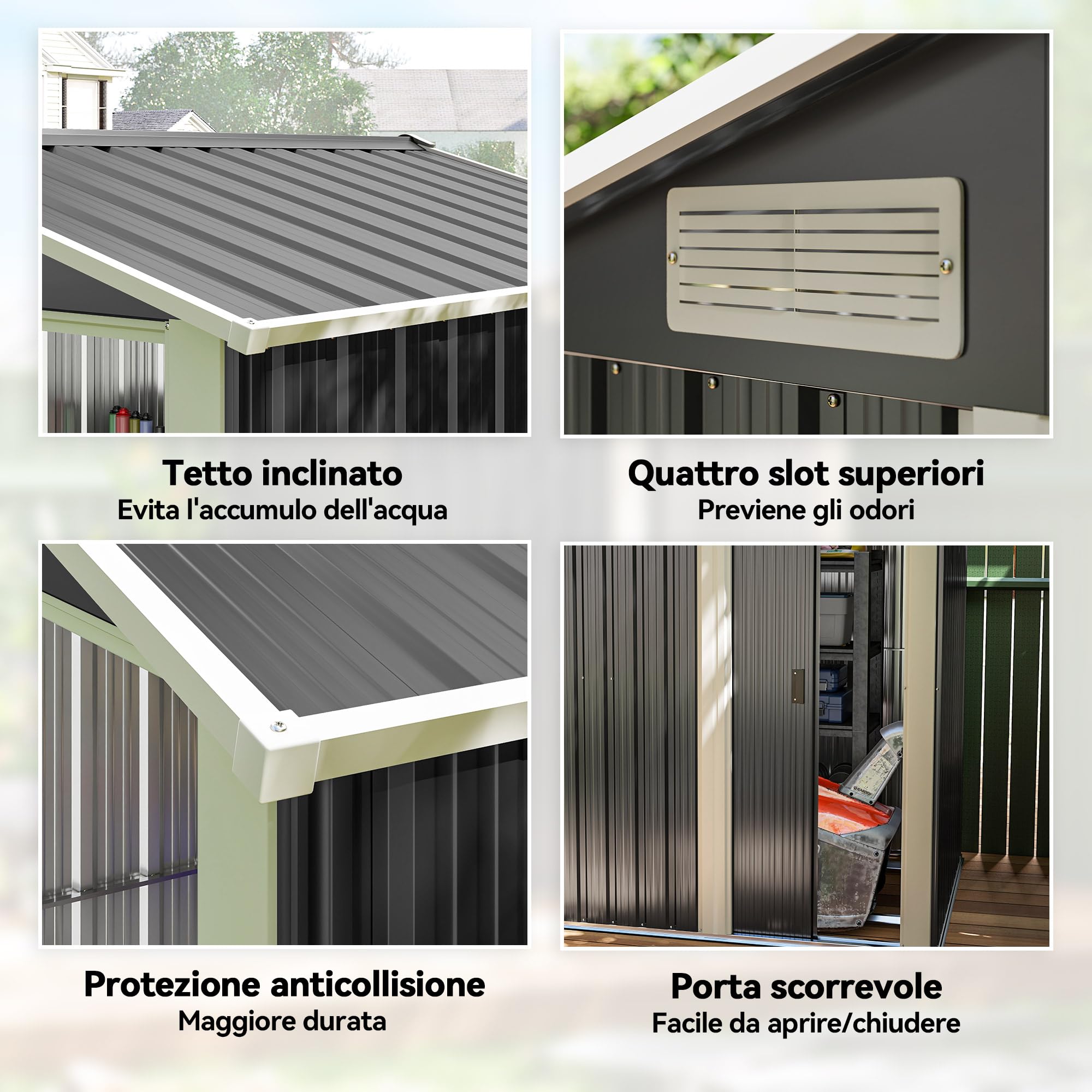 Outsunny Casetta da Giardino 1.7m² in Acciaio Zincato con kit Fondazione, Capanno da Giardino Porta Attrezzi con Tetto Inclinato, 4 Prese d'Aria, Porta Scorrevole, 152x132x188 cm, Grigio Scuro