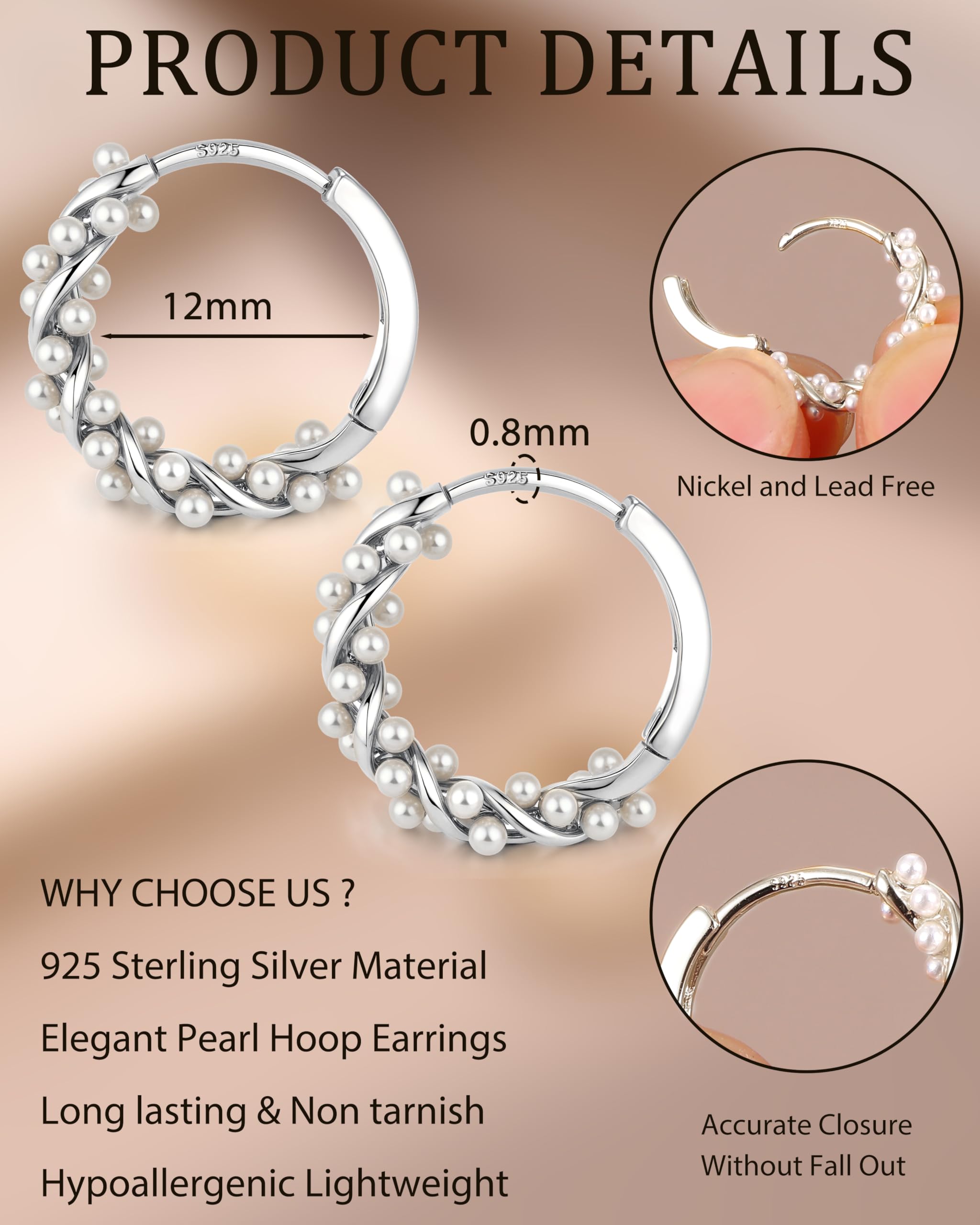 YADOCA Orecchini Argento 925 Orecchini di Perle, Orecchini Cerchio di Perle per Donne Adolescenti Orecchini da Sposa in Argento/Oro/Oro Rosa