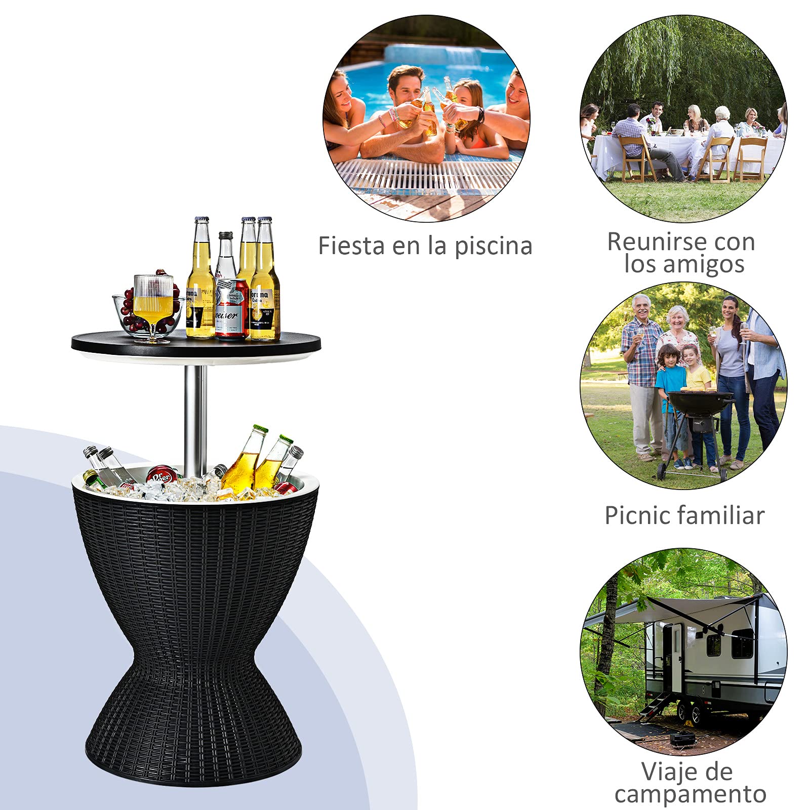 COSTWAY Mesa Nevera para Jardín, Cool Bar Terraza, Mesa Auxiliar con Gancho,Asa,Tapa Extraíble y Orificio de Drenaje para Fiesta, Exterior, Capaciadad de 30 L (Negro)