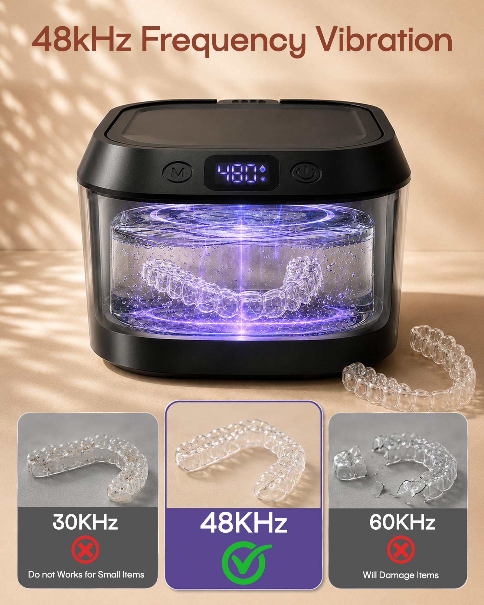 Pulitore a Ultrasuoni per Apparecchio, Pulitore a Ultrasuoni da 48kHz con Luce UV, Contenitore da 220mL, 7 Modalità, Pulitore Dentale per Dentiera, Paradenti, Allineatore, Bite e Gioielli