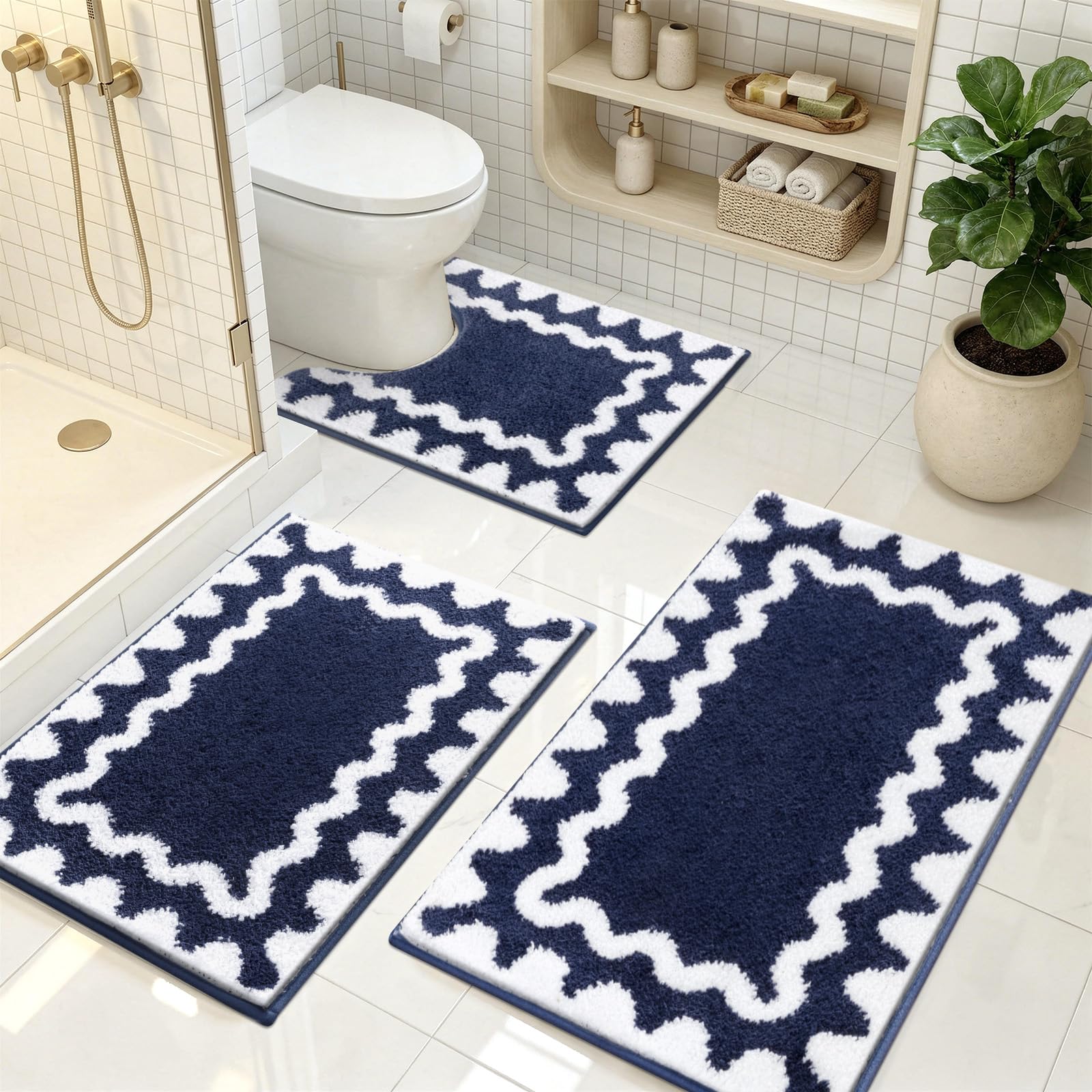 Juego de 3 Alfombra Baño Antideslizantes Alfombrilla Baño de Pelo Largo y Suave, Lavables a máquina, Azul Marino + Blanco