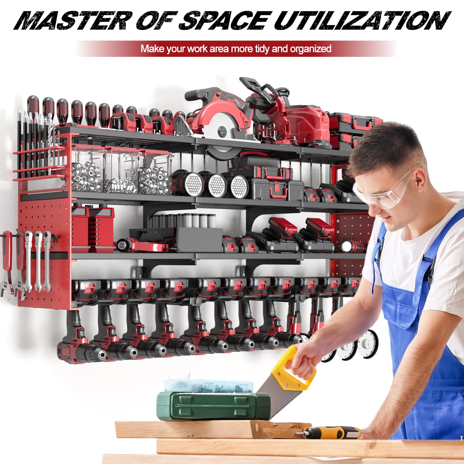 Rangement pour outils électriques,porte-outils pour 4 perceuse électrique,en métal lourd, avec support de tournevis latéral pour garage atelier,12 Porte-forets