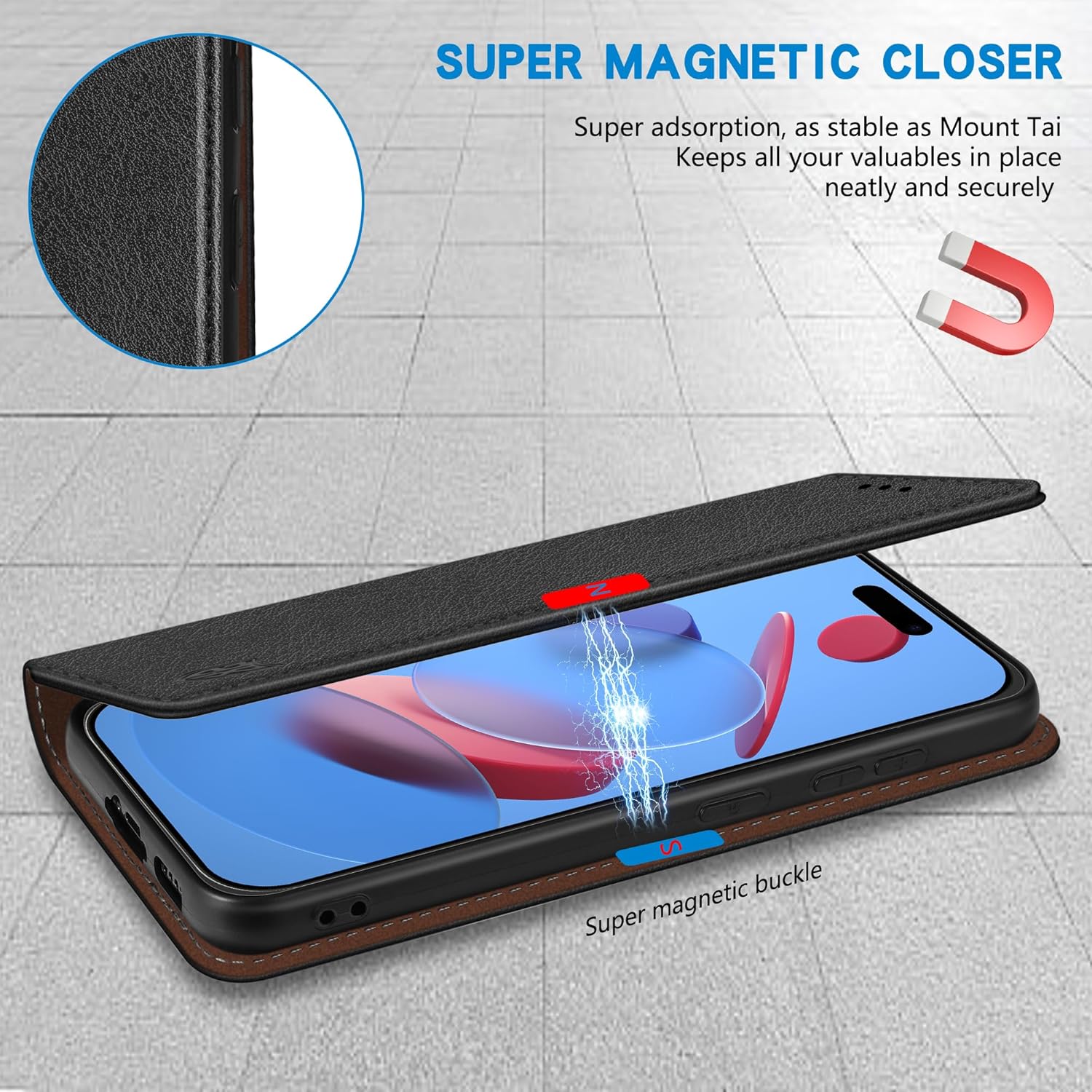 ZZXX for iPhone 17 Pro Max Wallet Case with [RFID Blocking] Card Slot Stand Strong Magnetic Leather Flip Fold Protective Phone Case for iPhone 17 Pro Max Case Wallet(Black-6.9 inch) - Image 3