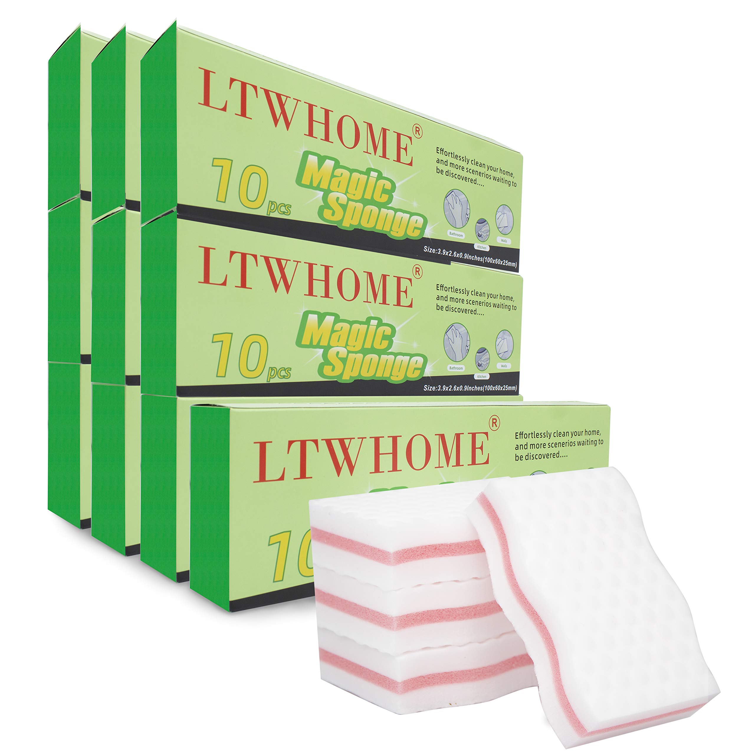 LTWHOME Magic Erasers Cleaning Dual Sided Wave Type Sponge Melamine High Temperature Compression Foam-100×60×25mm-Pink (Pack of 100)