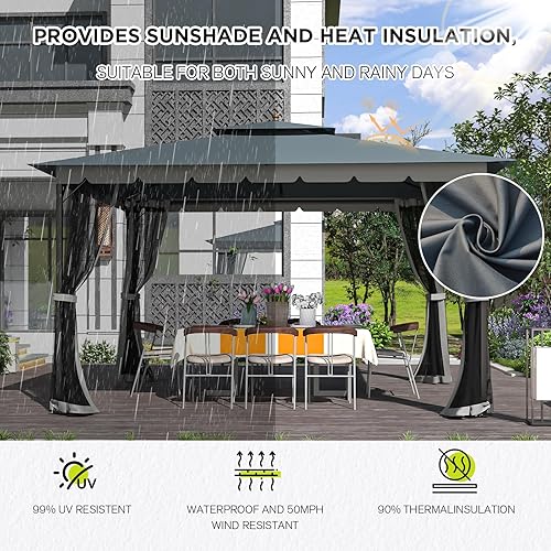 Miniatura 6 de Nueva generación Cenador de patio al aire libre de 10 x 12 pulgadas, kiosco con mosquitera marco de metal resistente y resistente, carpa de toldo