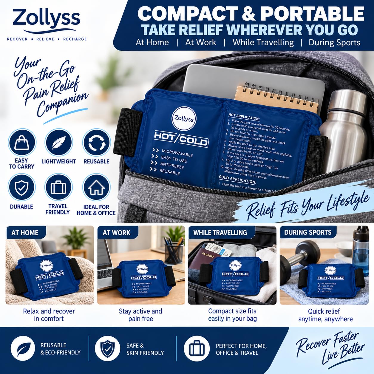Zollyss Reusable Hot & Cold Gel Pack with Adjustable Strap for Pain Relief, Flexible Ice Pack for Shoulder, Knee, Back, Neck & Sports Recovery, Microwaveable & Freezer Safe – Navy Blue — Amazon image 7