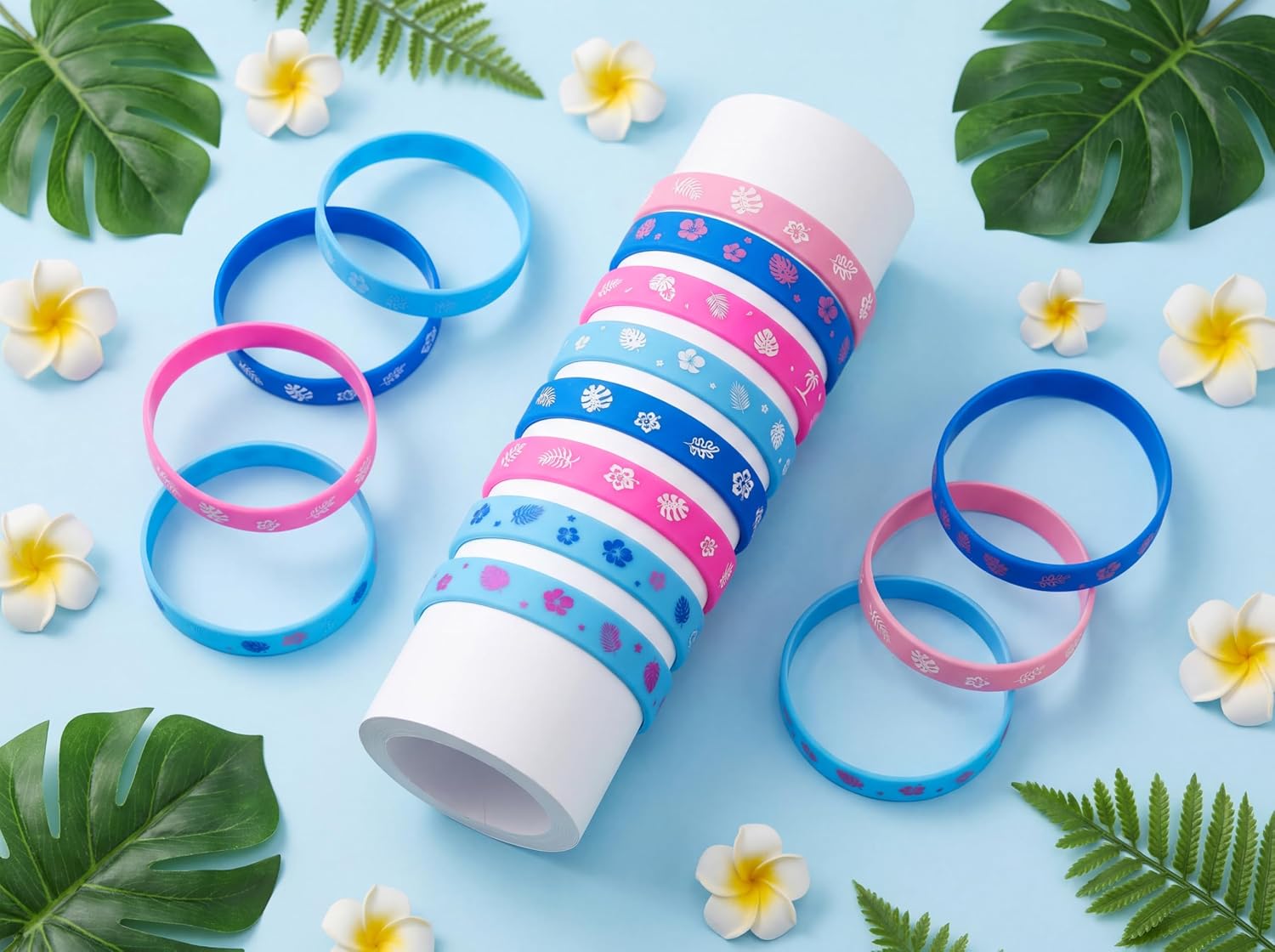 Moon Boat 74 Pcs Hawaiian Bracelets Birthday Party Favors Decorations Cartoon Palm Leaves Hibiscus Flowers Silicone Gifts for Tropical Luau Supplies