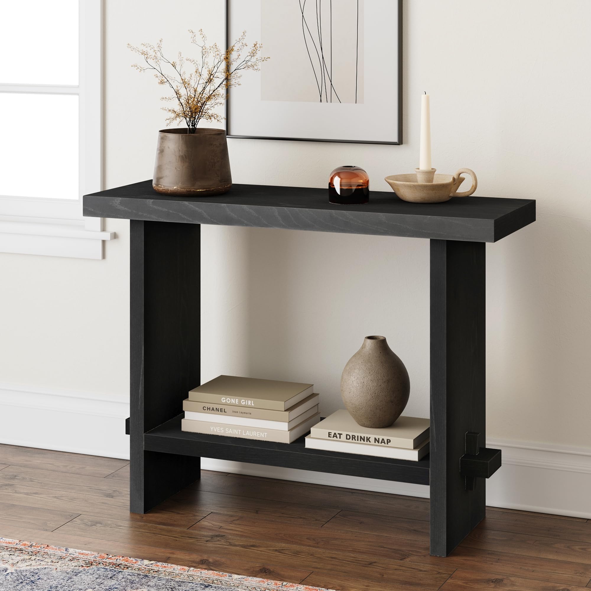 Virgo Wood Accent Storage Console Sofa Table, for Entryway, Hallway or Living Room, Reclaimed Black Oak