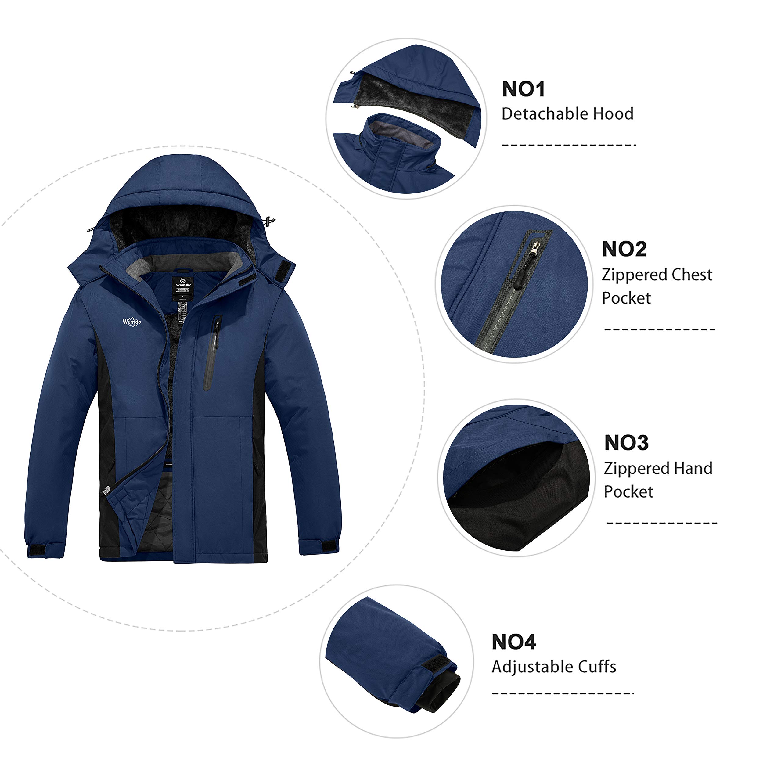 Wantdo Chaqueta de Esquí Impermeable Montaña Aislada con Vellón Cálida Invierno Snowboard Parka Nieve Capucha Hombre Azul Oscuro Large