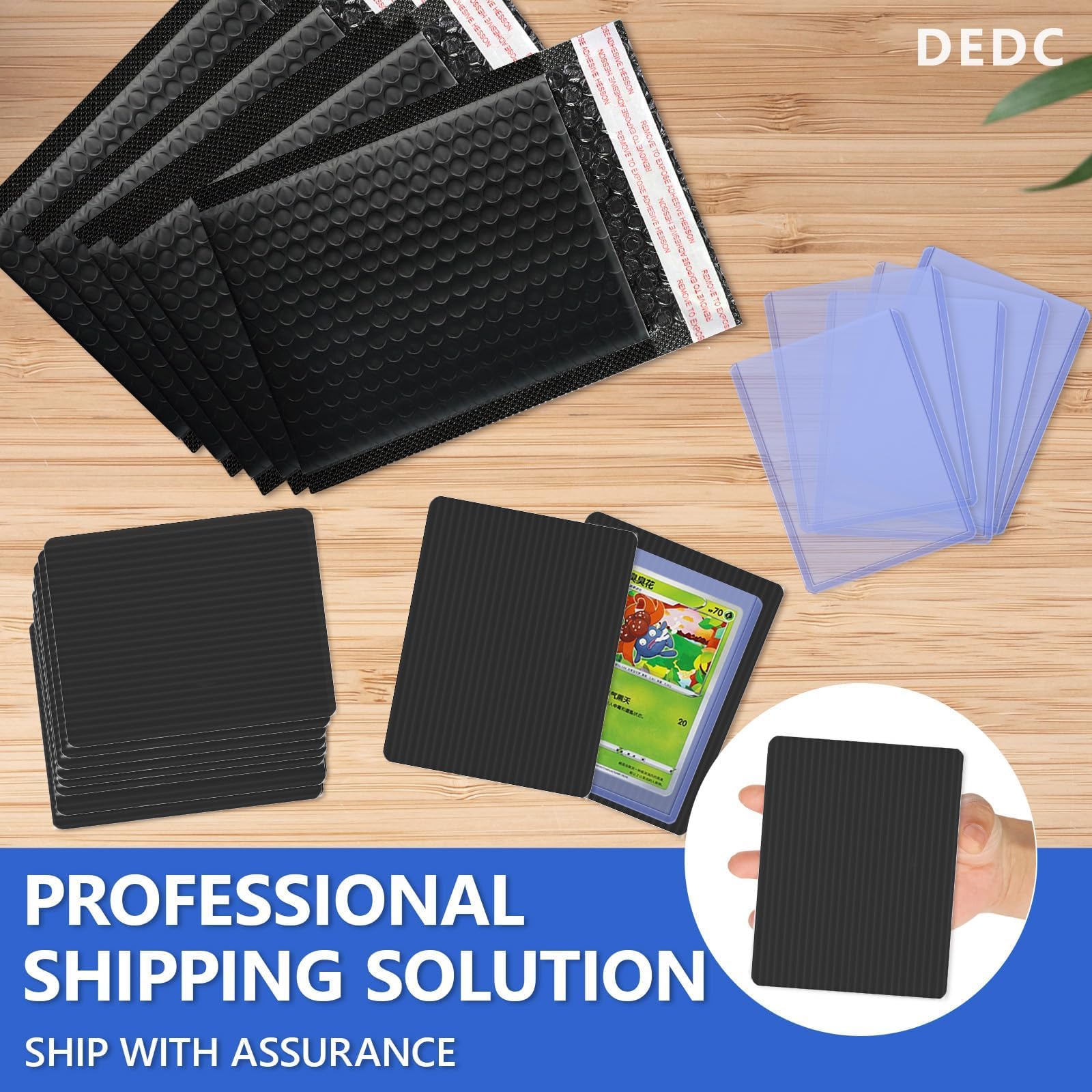 DEDC Ding Defend Lot de 200 protections d'expédition de cartes à collectionner, 50 chargeurs par le haut, 50 enveloppes à bulles noires (12,7 x 15,2 cm) pour cartes à collectionner et ruban adhésif