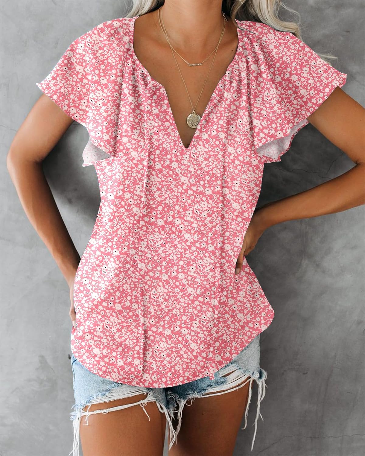SimpleFun Women's Boho Tops Floral V Neck Short Sleeve Summer Blouse Shirts - Image 4