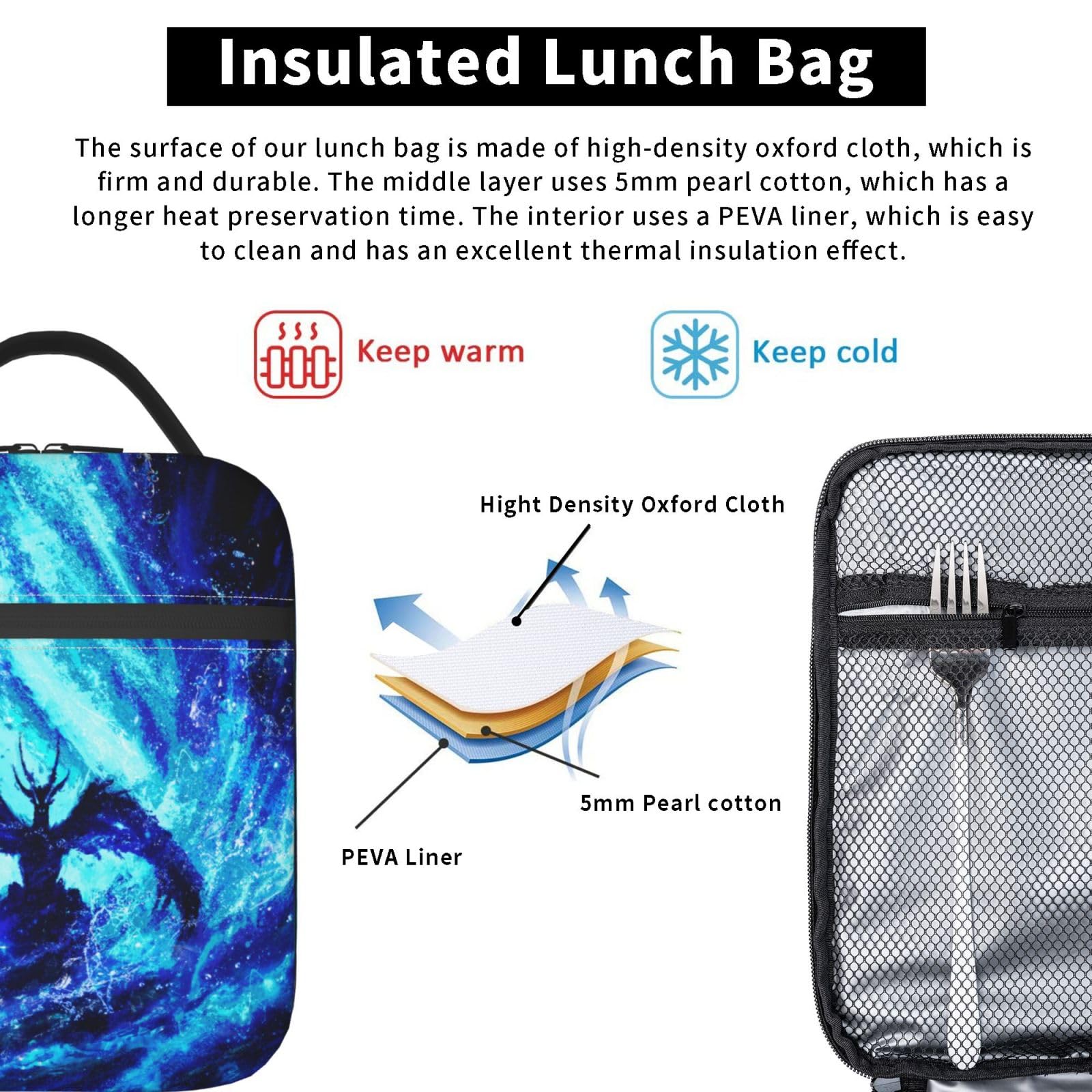 Bolsa de almuerzo con aislamiento de dragón azul fresco, portátil, reutilizable, con cremallera, para hombres y mujeres, trabajo, picnic, viajes, camping