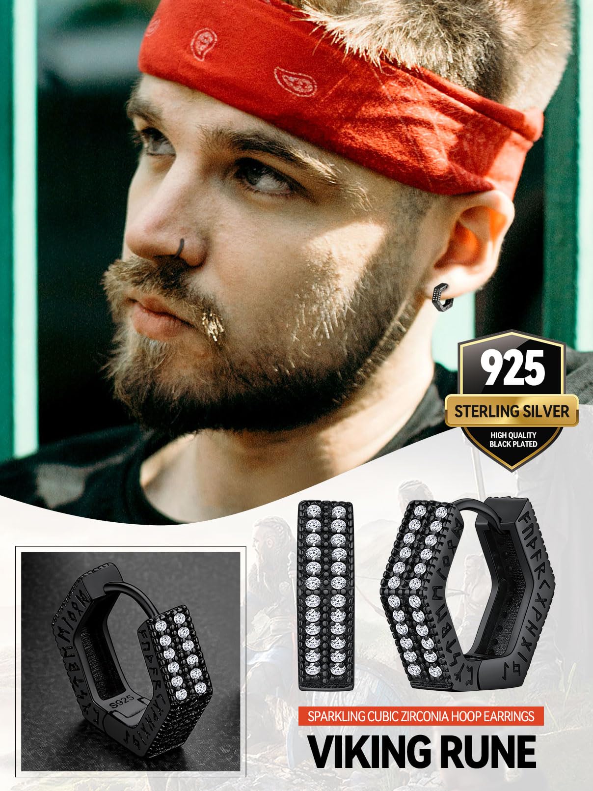 FaithHeart Pendiente Vikingos Runas Plata de Ley 925 Hombre Pendientes Circonitas Brillantes Joyería Amuleto