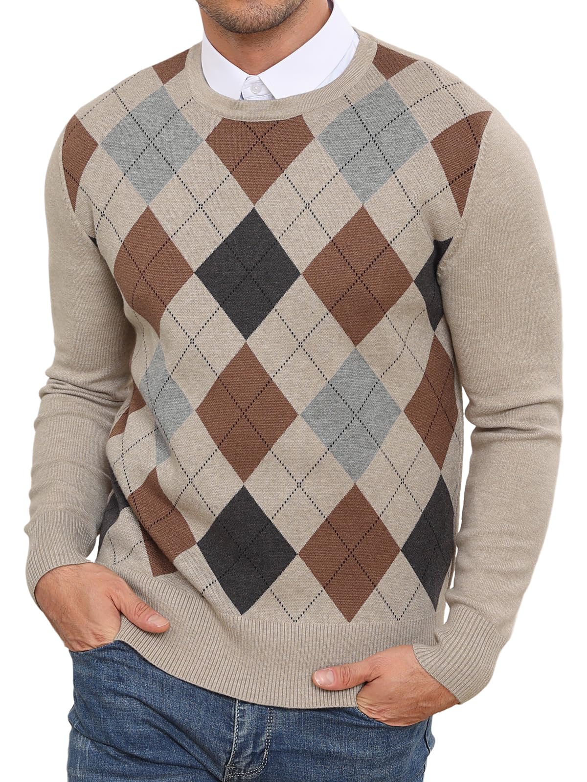 RQP Men's Crewneck Sweater Slim Fit Argyle Pattern Long Sleeve Knit Pullover Sweater for Casual Or Dressy Wear