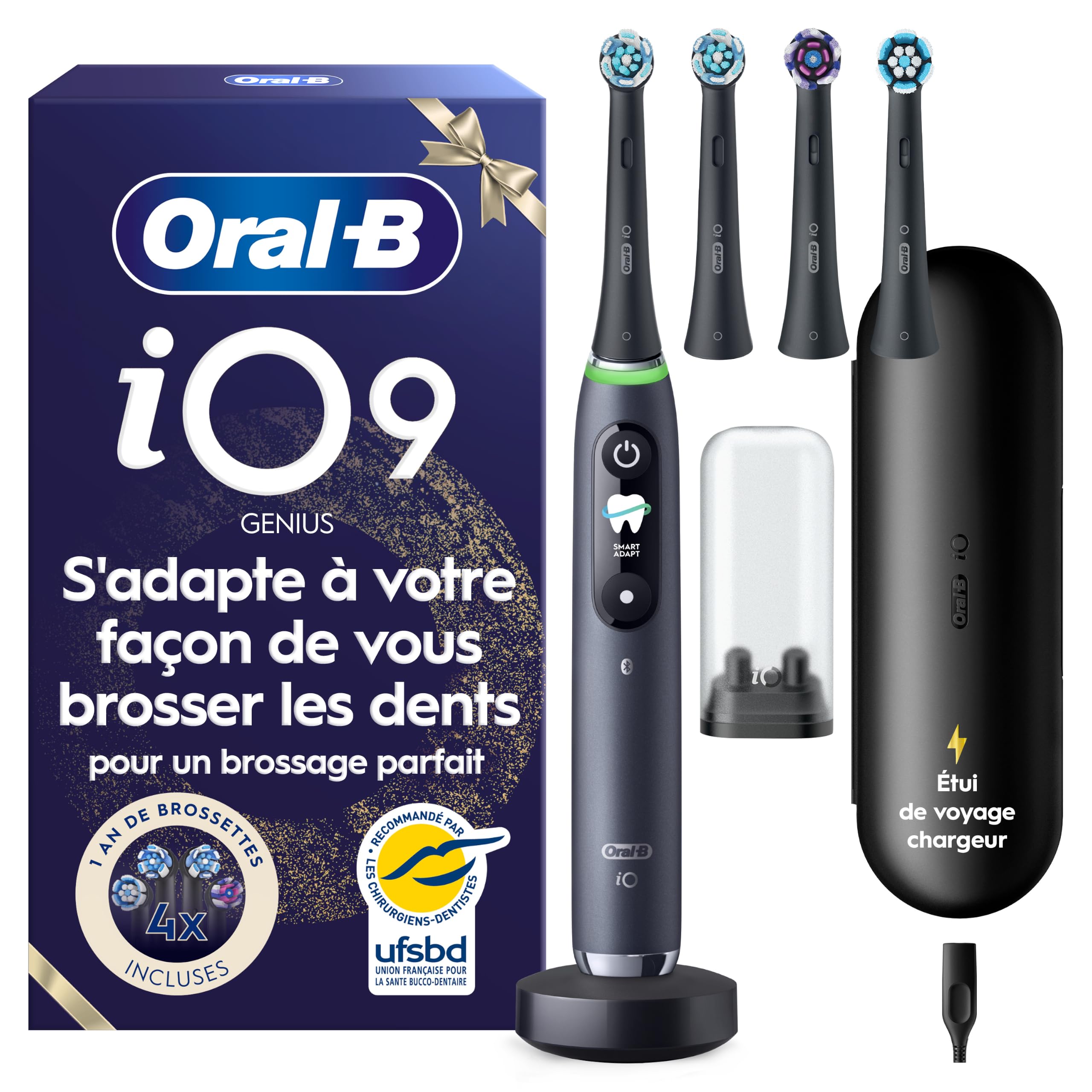 Oral-B Brosse à Dents Electrique iO 9, 4 Brossettes de Rechange, Noire