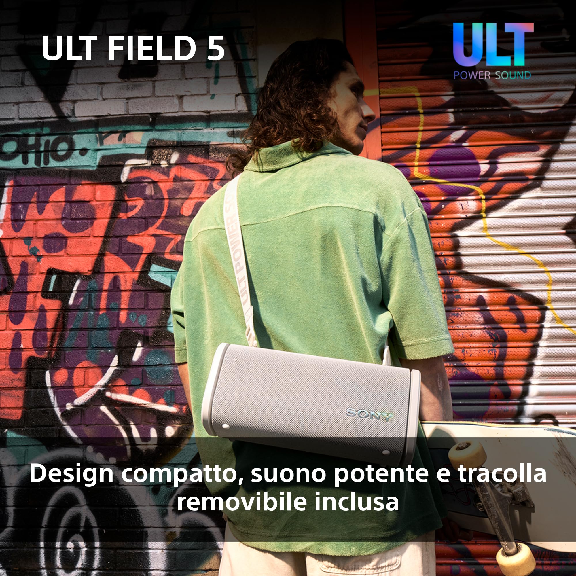 Sony ULT FIELD 5 - Potente speaker portatile Bluetooth, batteria da 25 ore, 2 modalità ULT POWER SOUND, IP67, impermeabile, antipolvere, 360 luci, tracolla staccabile, compatto - Nero