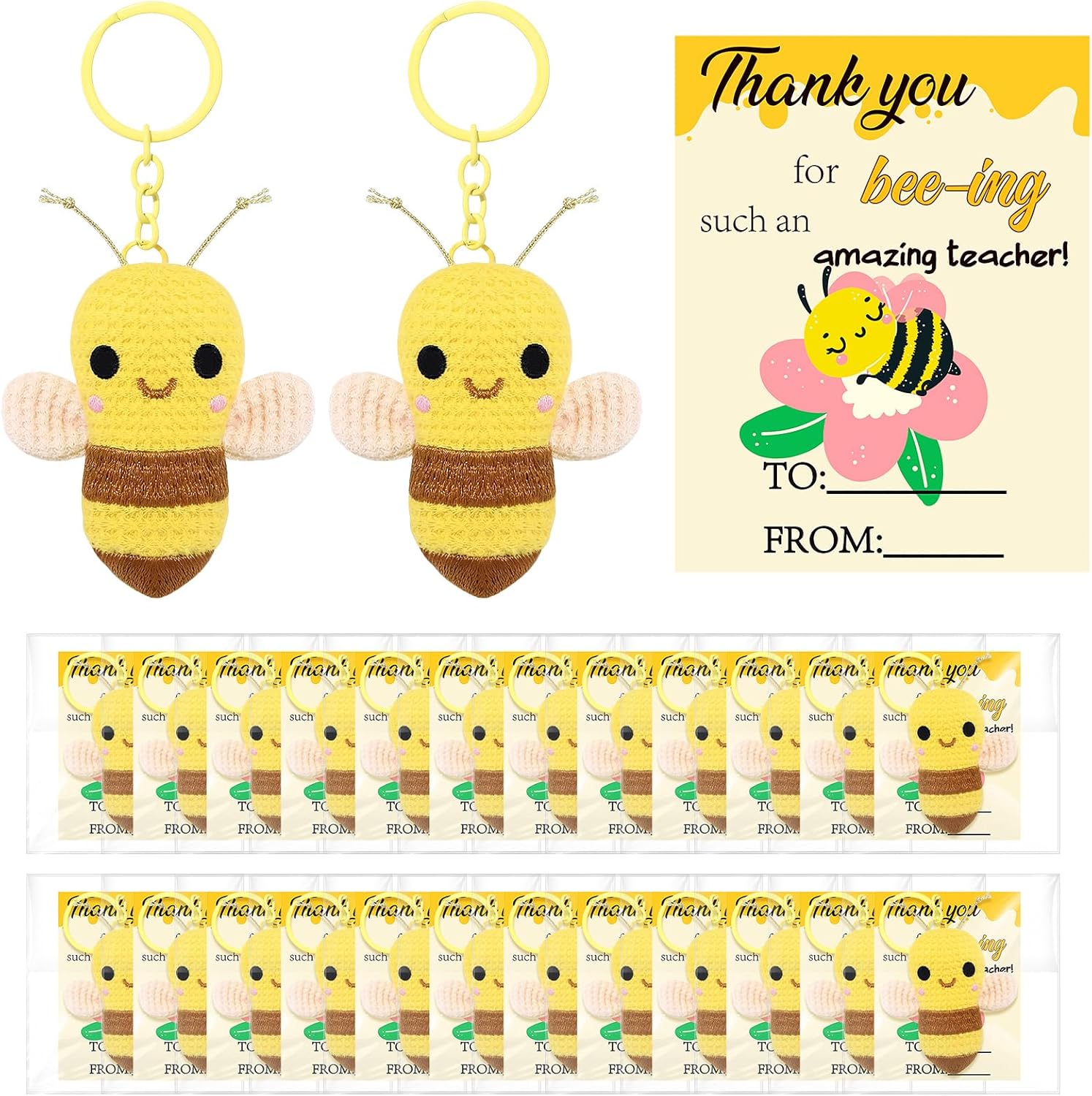 SmoothNovelty 24 Sets Teacher Appreciation Gifts Bulk Positive Crochet Bee Keychains with Thank You Teacher Cards Bags Inspirational Bee Gifts Bulk from Students Party Favors
