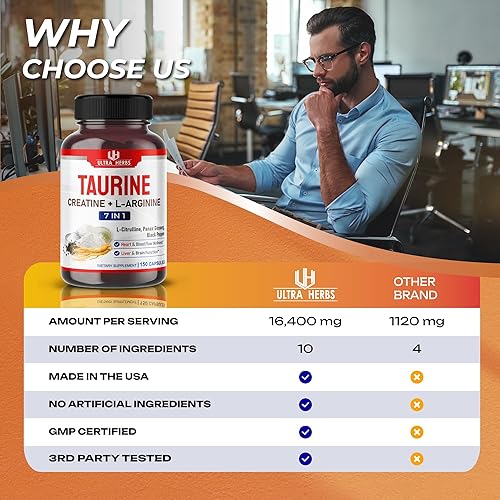 Miniatura 2 de Suplemento de taurina de 16,400 mg con creatina, L-arginina, L-citrulina, panax ginseng, pimienta negra para corazón, nervio, cerebro, bienestar