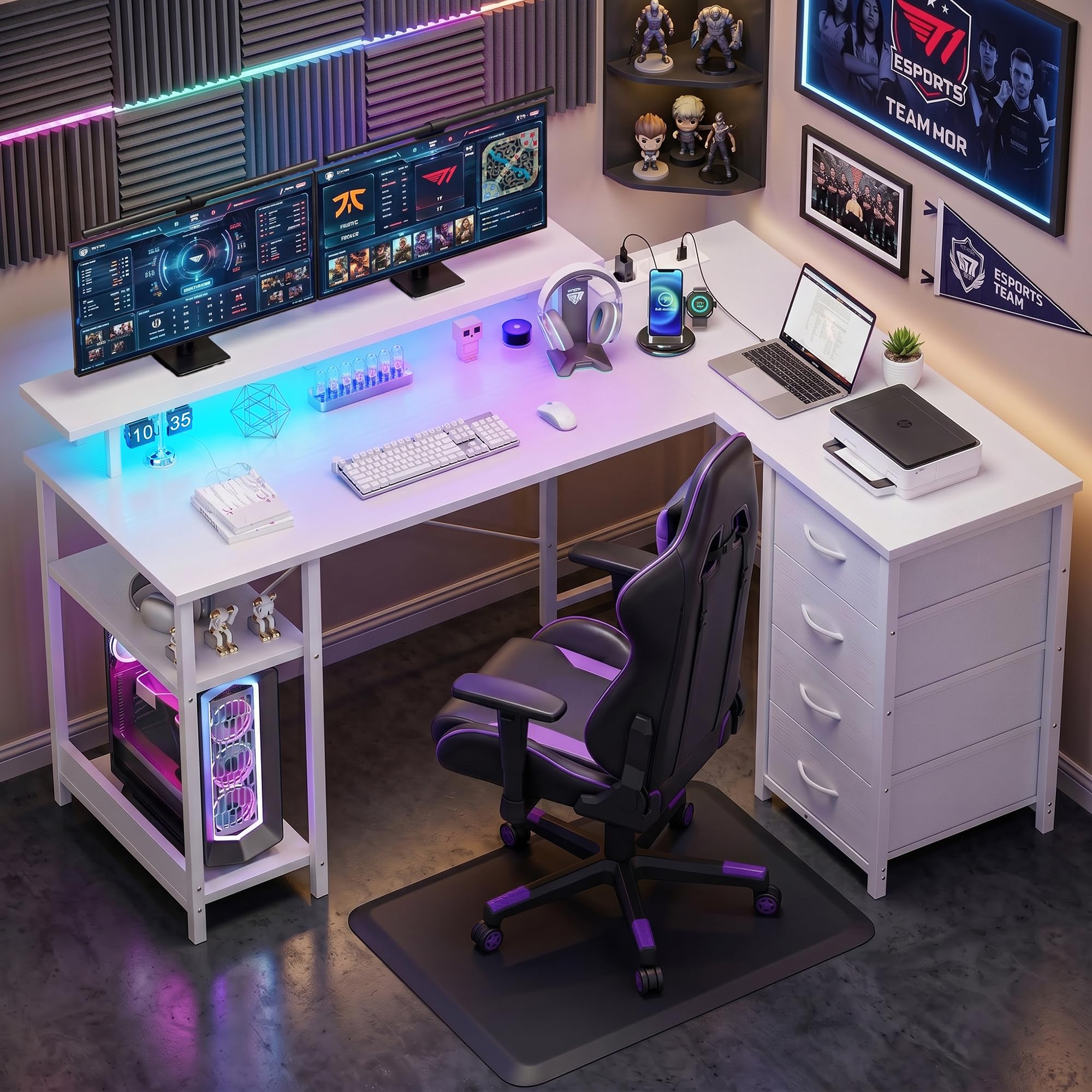 YOUDENOVA Scrivania con 4 Cassetti, 142x107 cm, Scrivania Angolare Reversibile con LED e Presa, Scrivania Gaming a L con Supporto per Monitor, Spazio di Archiviazione, per Home Office e Gamer, Bianco