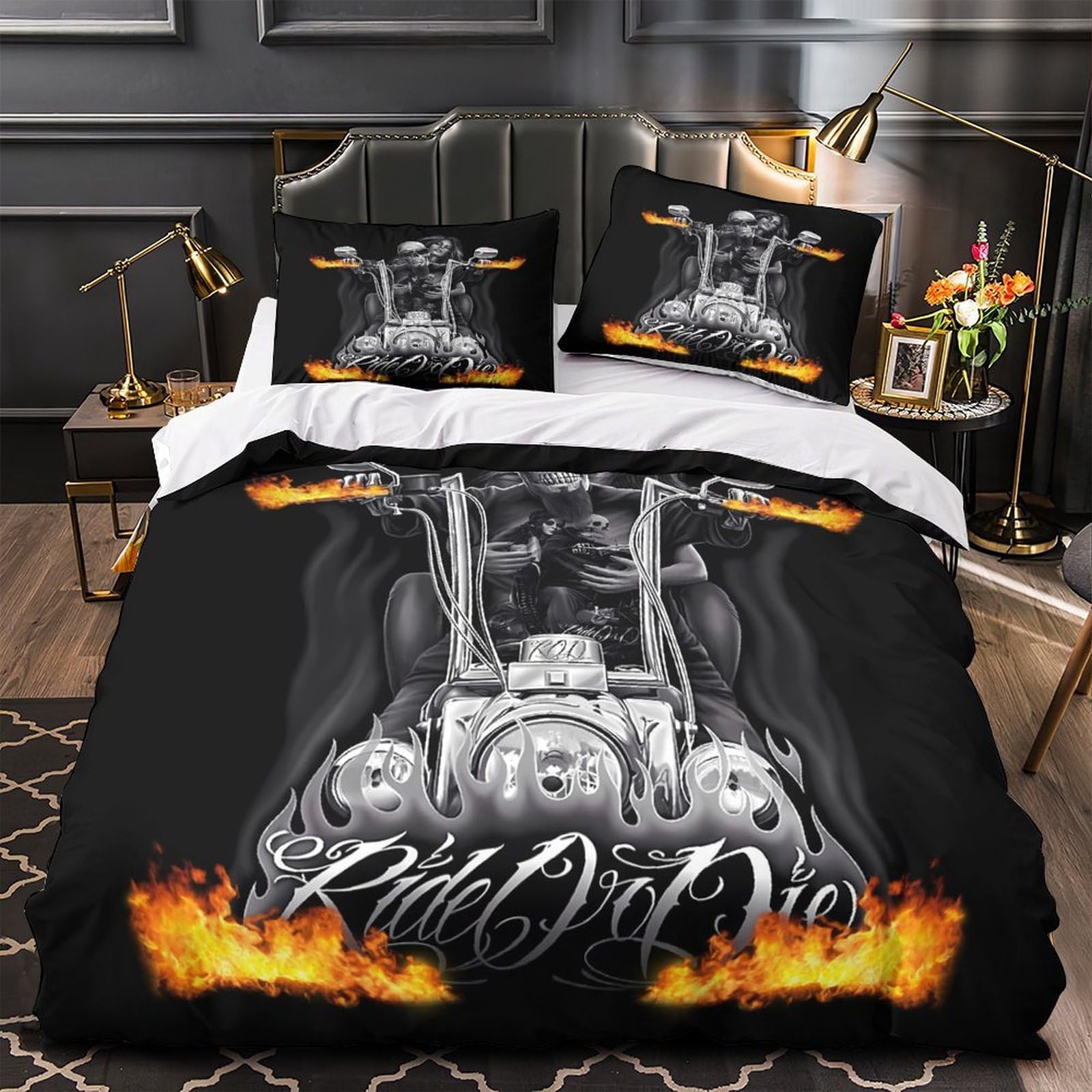 Housse de couette moto crâne 3D Super King 260x220 cm avec 2 taies d'oreiller en microfibre