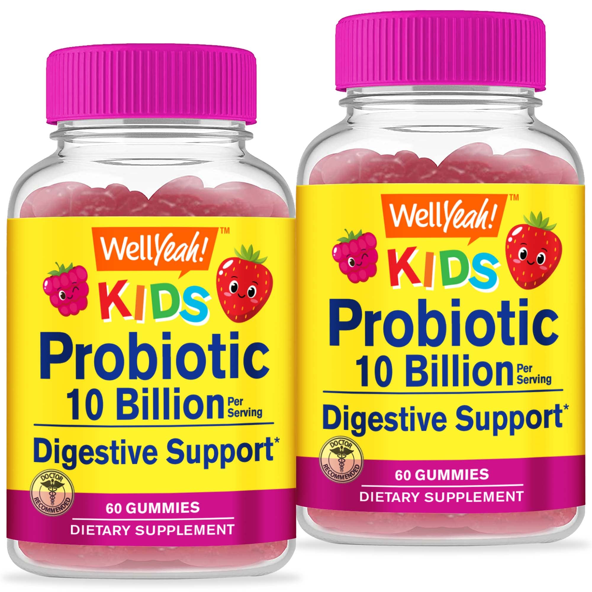 WellYeah Probiotics for Kids Gummies 2 Pack -10 Billion CFU -for Gut Health, Immune Health and Digestive Support -Berry Flavor Chewable Supplement -Vegetarian, Non GMO - 60 Gummies