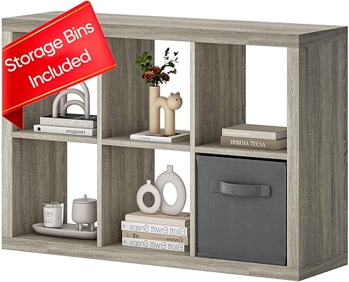 Miniatura 36 de Estantería con contenedores de almacenamiento, organizador de almacenamiento de 9 cubos, estantería de madera resistente, estante abierto para Roble