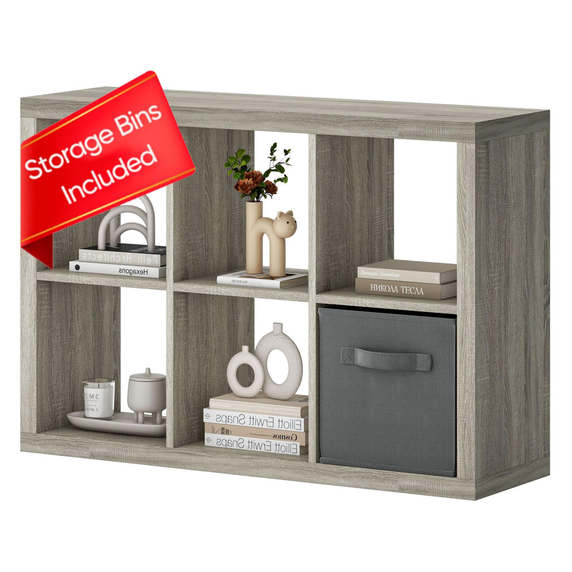 bookshelf with storage bin, 6-cube storage organizer, modern wood open bookcase, multifunctional display shelf for living room, bedroom, home office, gray oak