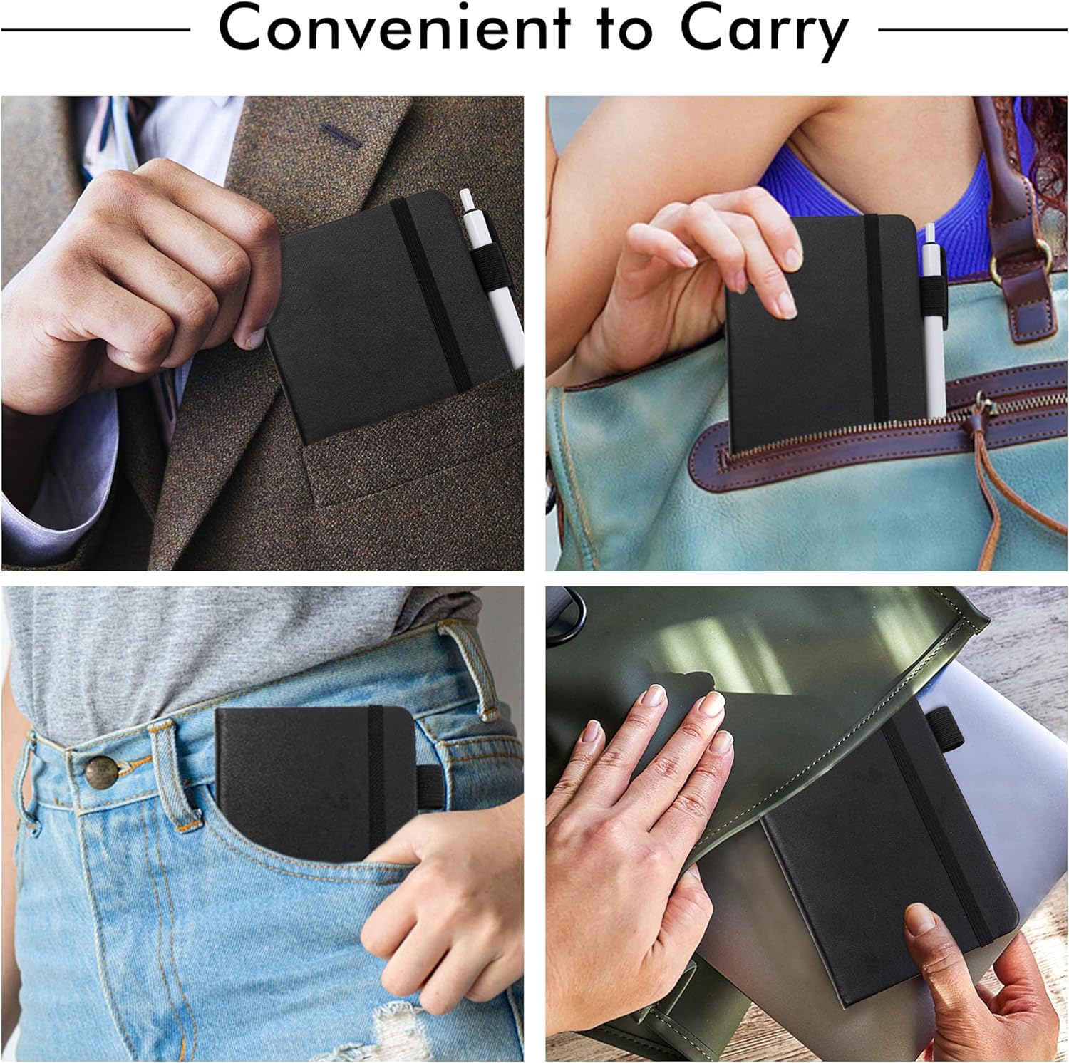 feela 15 Pack Pocket Small Notebooks Bulk, Mini Cute Notepads Hardcover College Ruled Lined Journals with Pen Holder for School Business Memos, with 15 Black Pens, 3.5”x 5.5”, A6, Black - Image 5