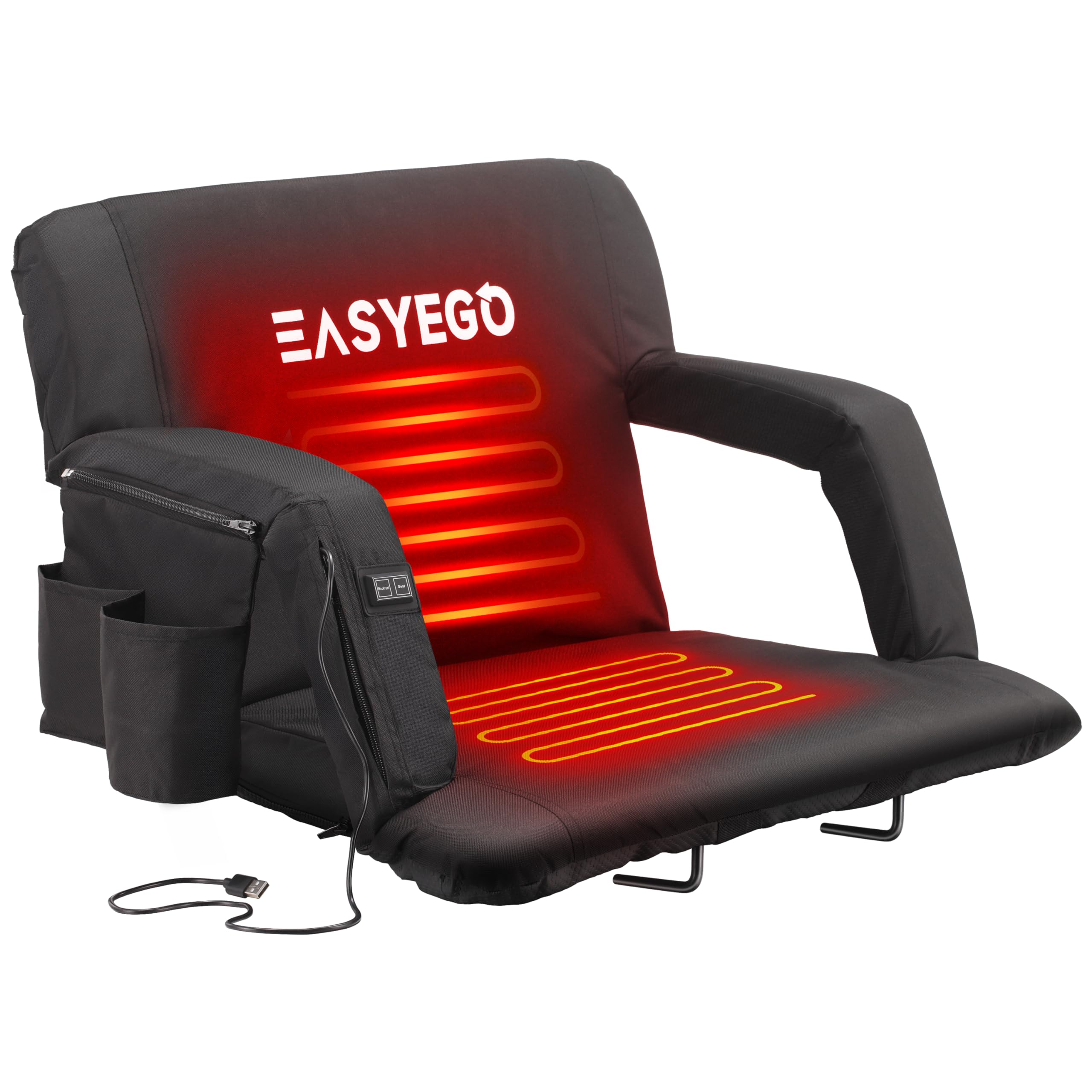 Heated Stadium Seat for Bleacher with Backrest and 25" Wide Cushion, 2 Heating Zones, 3 Heating Levels, 6 Adjustable Positions, Suitable for Outdoor Sports (Not Includes Powerbank)