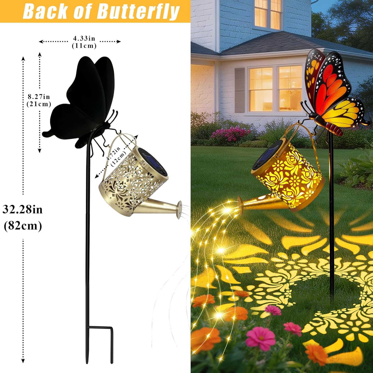 Solar Lights Garden Decor, Waterproof Solar Watering Can with Butterfly Garden Stakes, Outdoor Light with Cascading Lights for Outside Patio Lawn Porch, Birthday Gift for Women