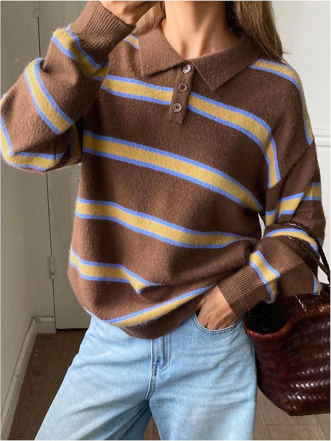 SweatyRocks Women's Striped Collared Sweaters Oversized Long Sleeve Trendy Rugby Pullover Tops