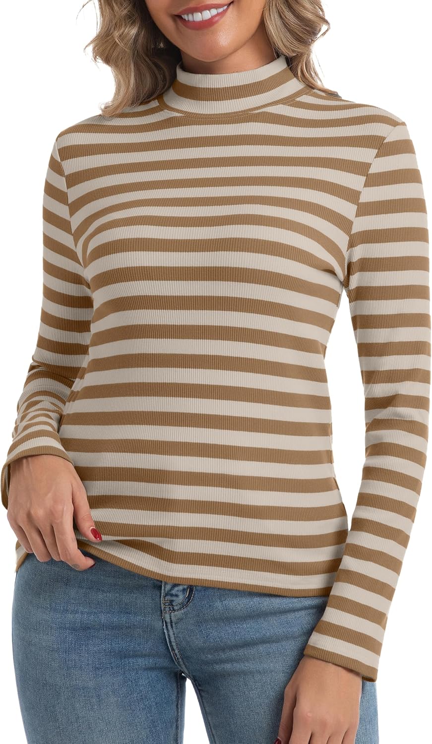 Women's Long Sleeve Stripe Shirts Fall Casual Mock Neck Ribbed Knit Tops 2025 Fashion Clothes - Image 3