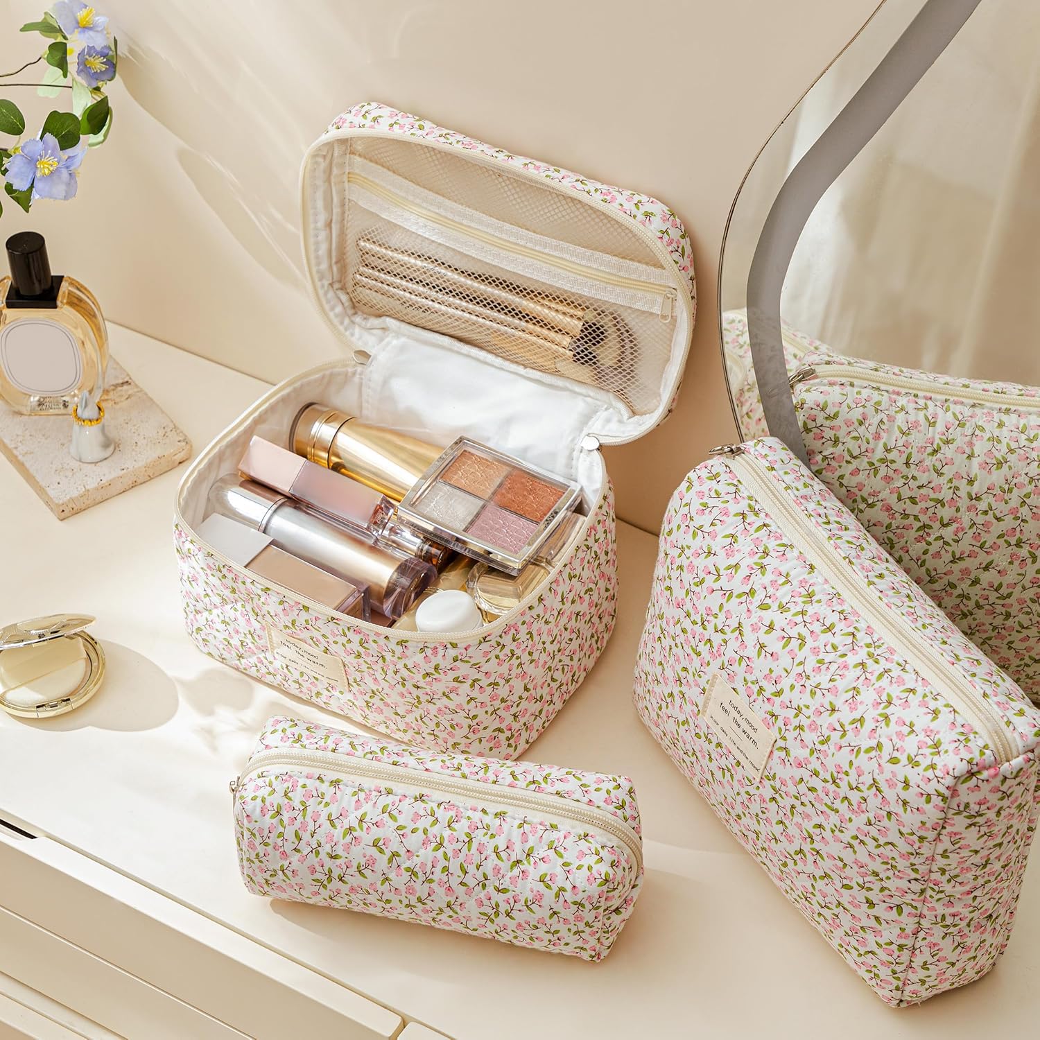 HBselect Gesteppte Make-up-Tasche, Baumwolle, groß, Reise-Make-up-Tasche, niedliches Blumenmuster, Kokette, Kosmetiktasche, Kulturbeutel für Damen und Mädchen, 3 Stück, A-3 Stück, Blumenmuster 17