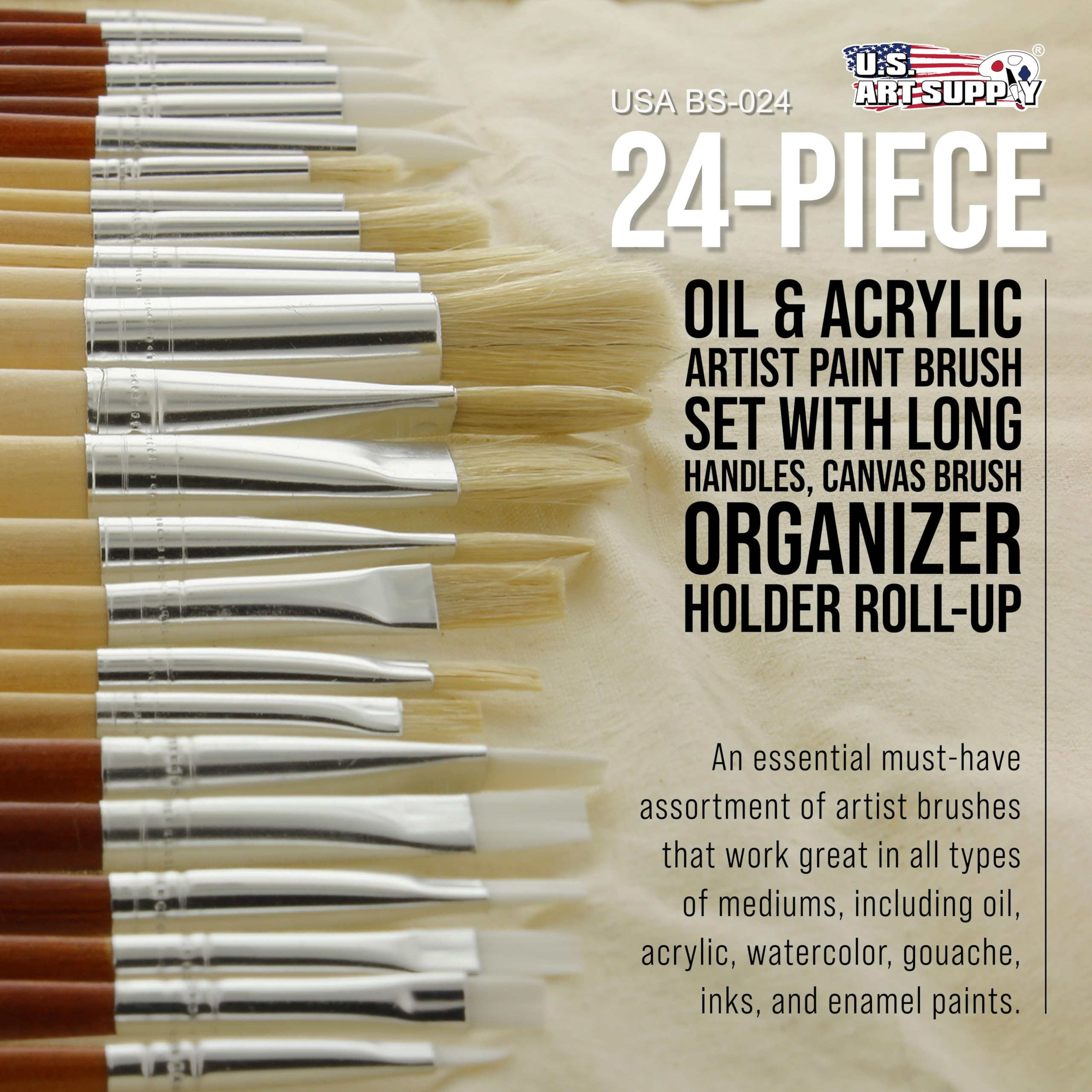 US Art Supply 24 Piece Oil & Acrylic Paint Long Handle Artist Paint Brush Set with Canvas Roll-Up Storage Wrap by US Art Supply
