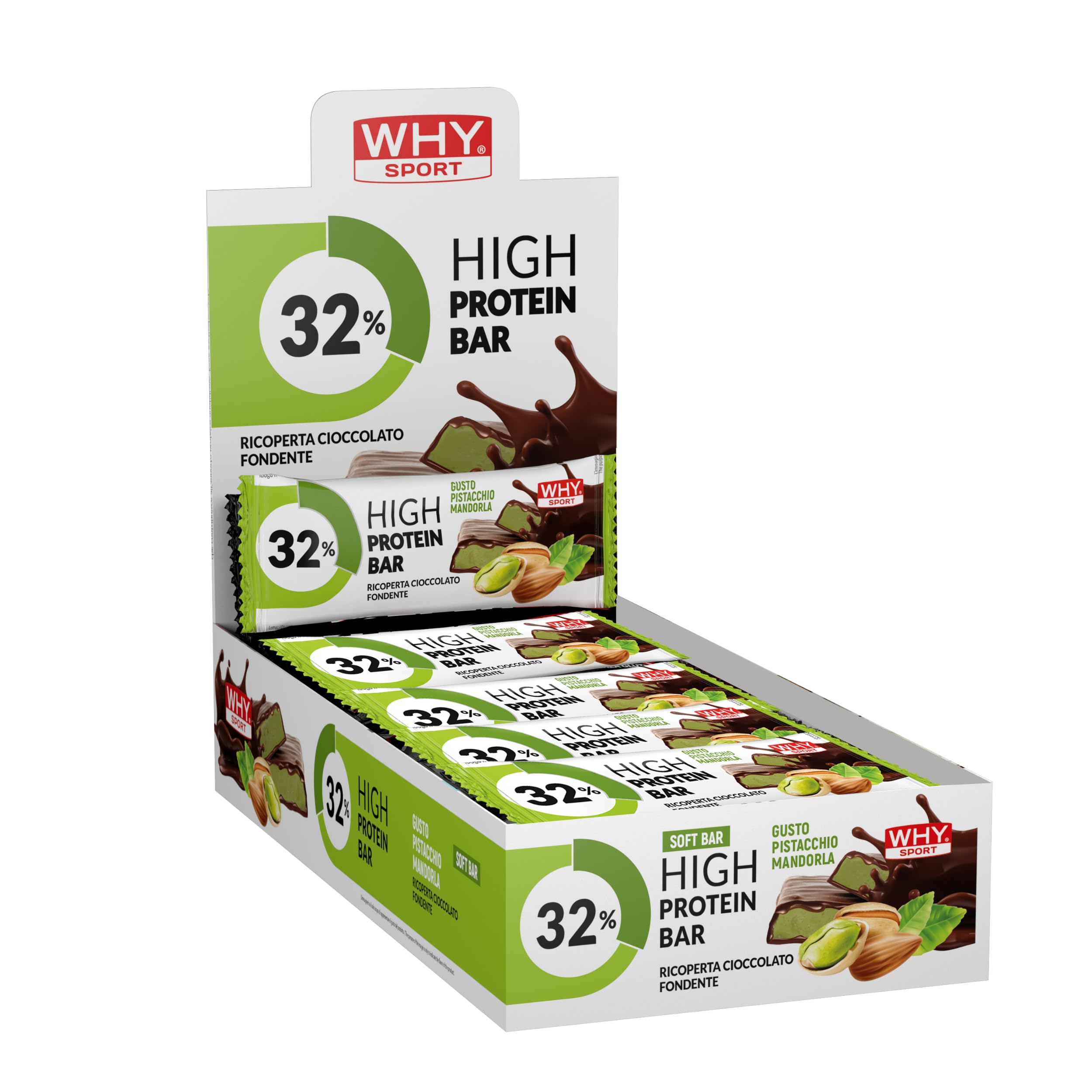 WHY SPORT 32% HIGH PROTEIN BAR- Barrette Proteiche Ricoperte e Ripiene - Barretta Proteica Senza Glutine - Snack Proteico - Box 24 Barrette da 50 gr (Pistacchio)