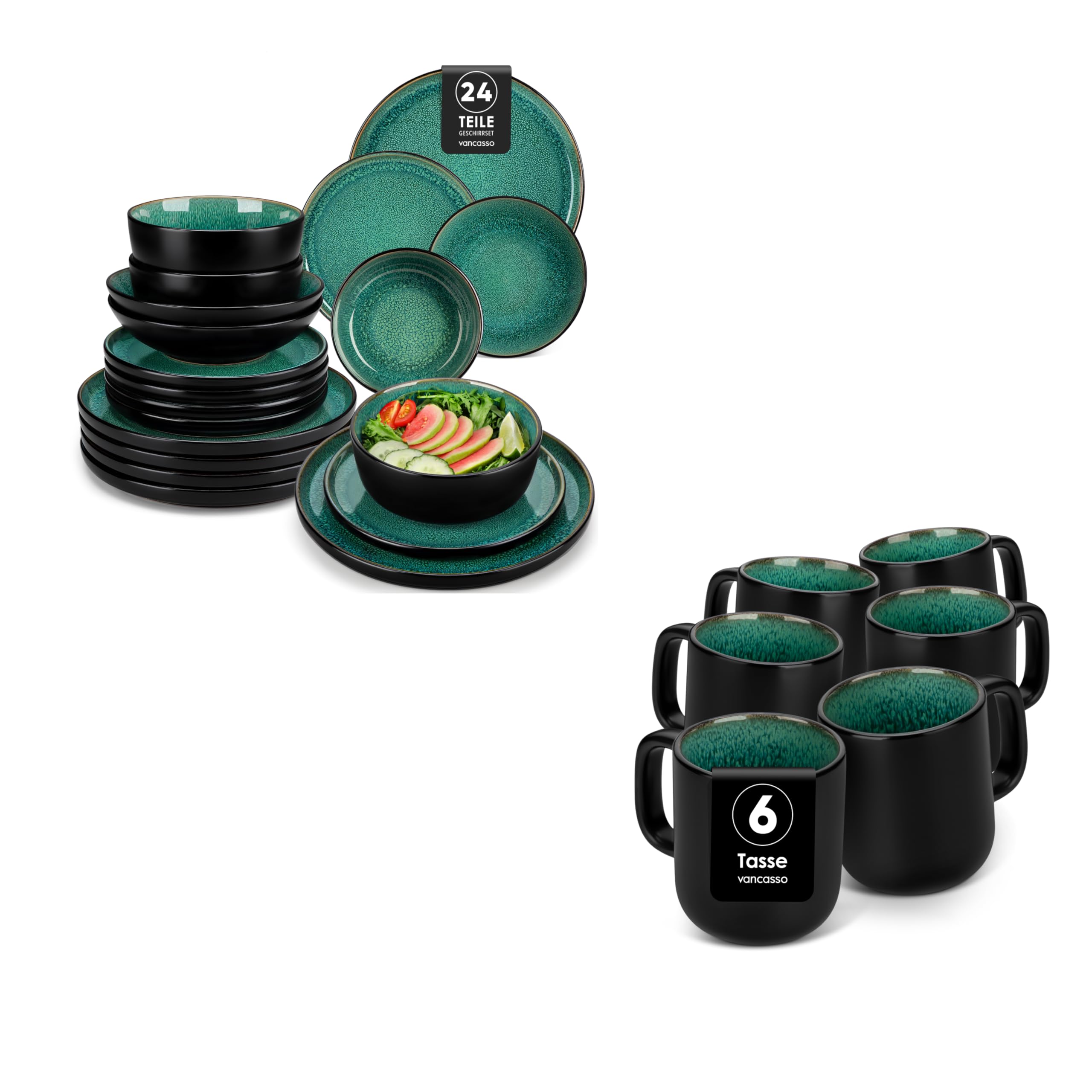Geschirrset 6 Personen, vancasso PLAYA Steingut Geschirr set 24tlg für 6 Personen, Grün Tafelservice mit Kaffeetassen set 6er