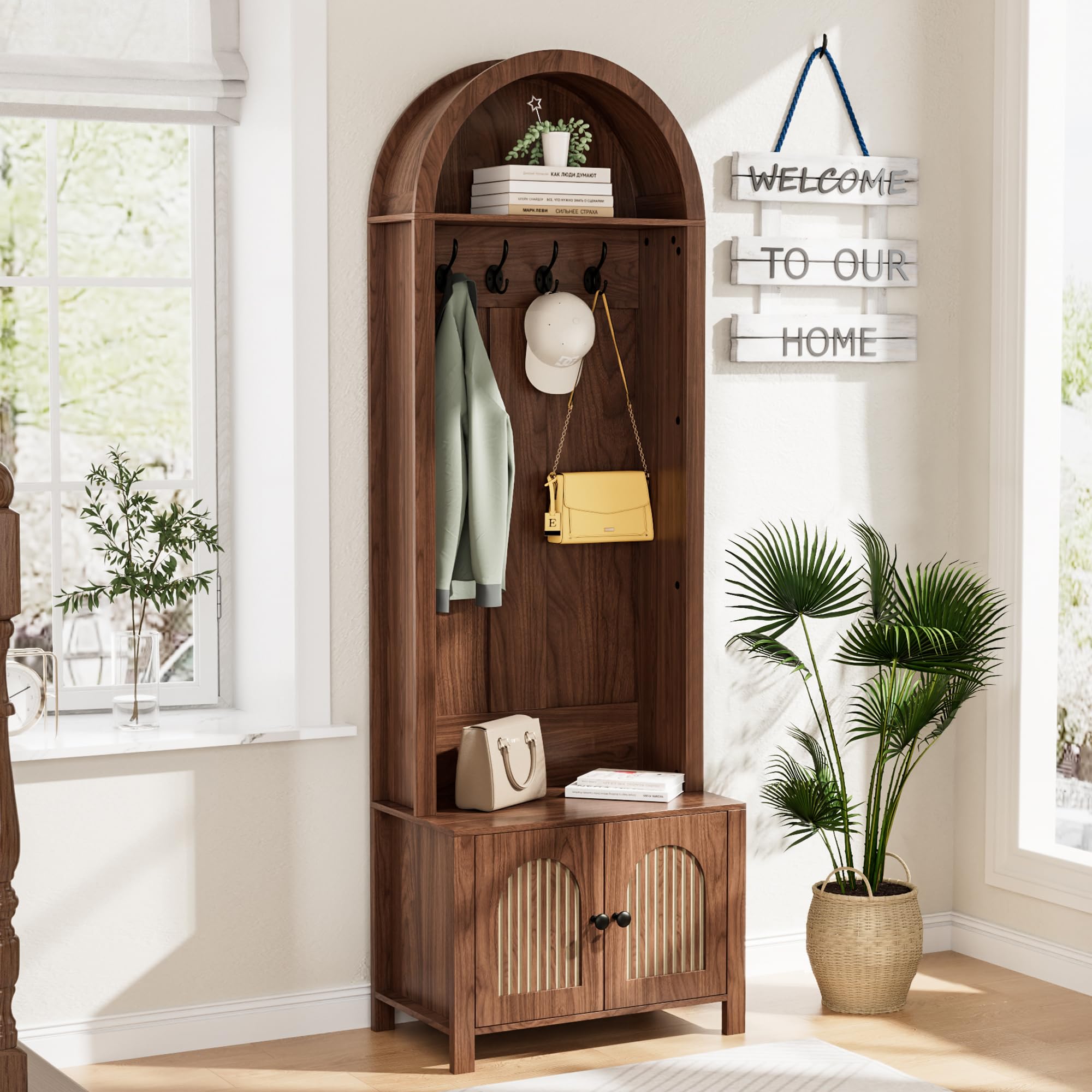 hall tree with bench and shoe storage, entryway storage bench with coat rack, 70.9"arch coat rack with 4 hooks and 2 fluted doors, farmhouse style furniture organizer for hallway (walnut, 23.7"w)