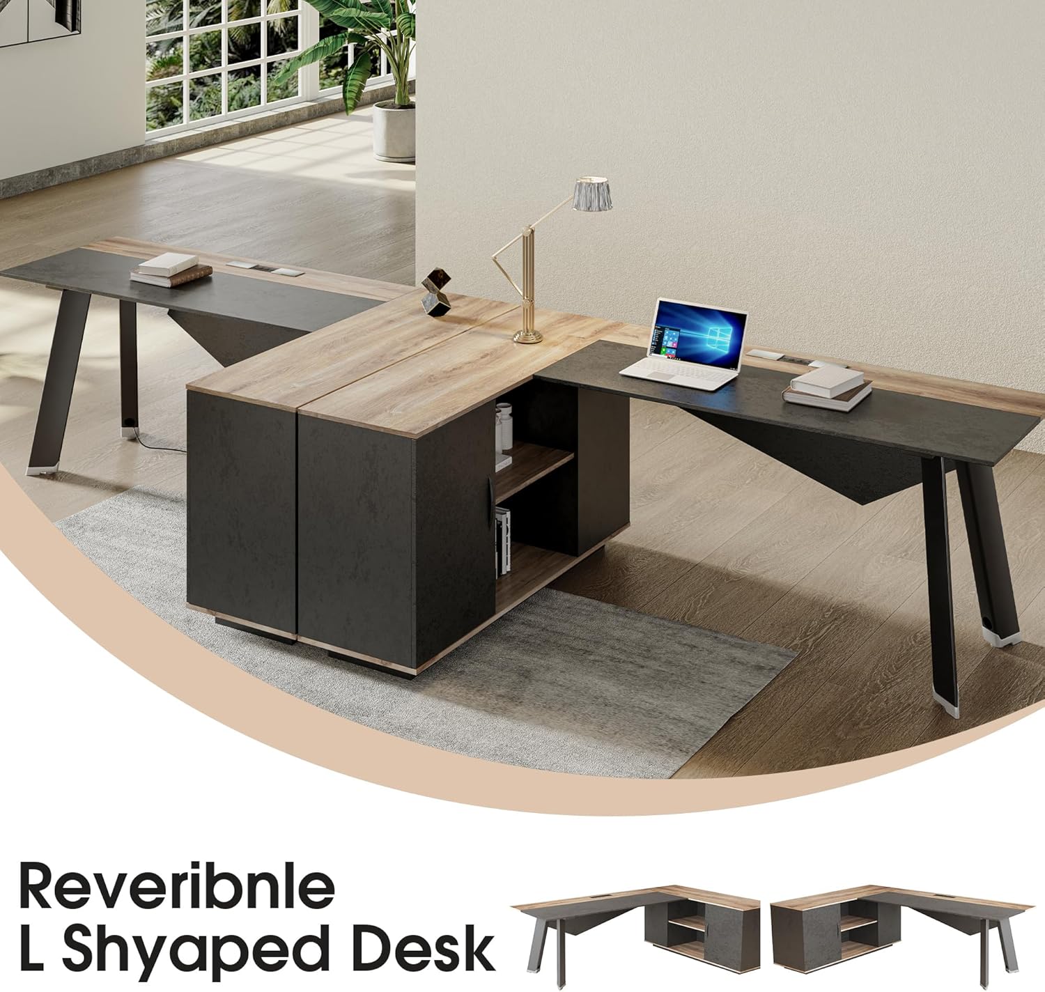 63 inches Executive Desk and 47" lateral File Cabinet, L-Shaped Desk with Storage Shelves and Doors, Modern Business Furniture Desk,Writing Table Computer Desk for Home Office, Brown and Black